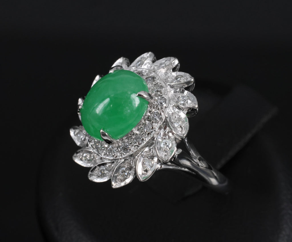 3.06ct Natural Green Untreated Jadeite Jade & 0.40ct Diamond Platinum Ring, 7.4g