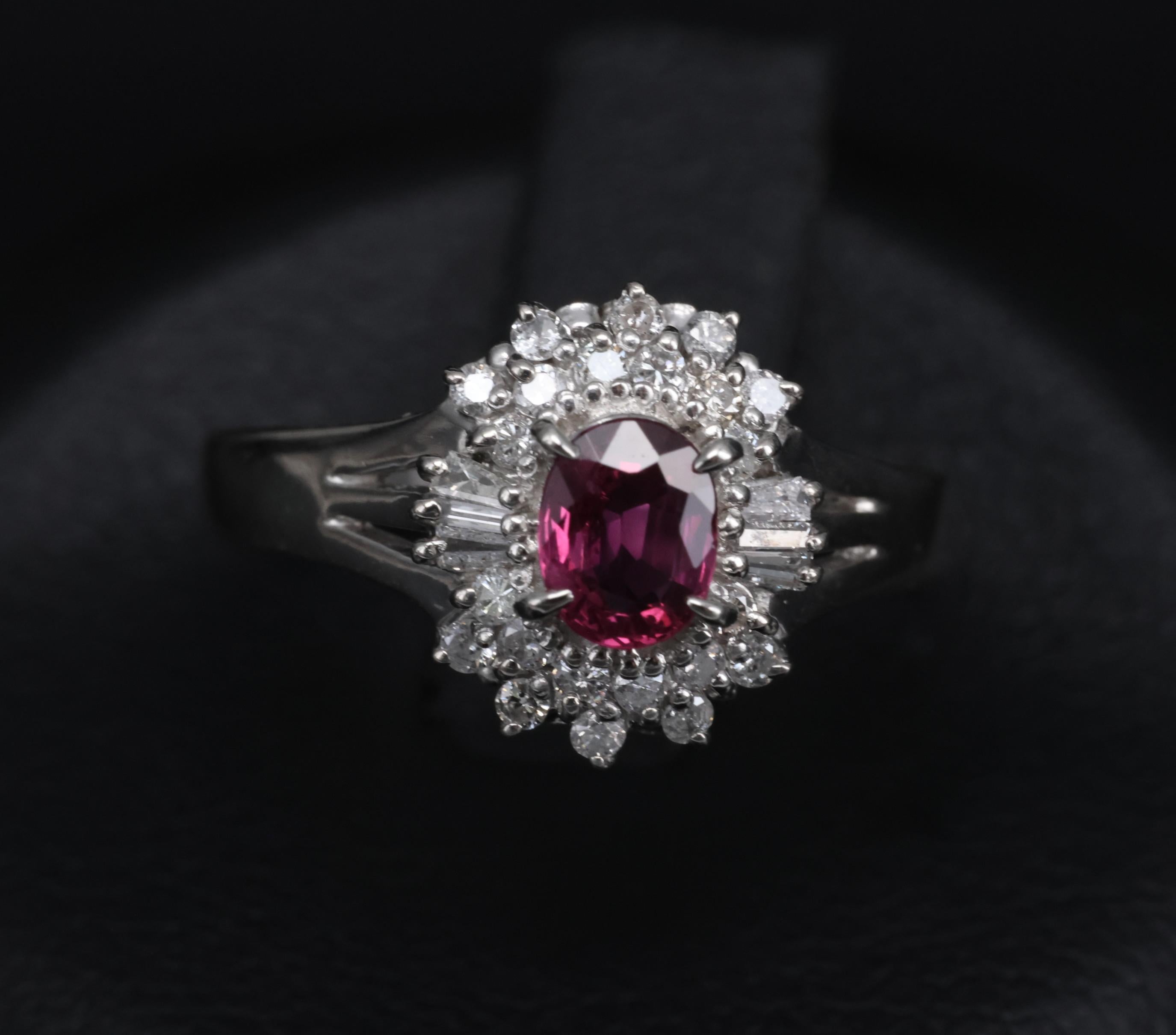 Vintage 0.44ct Natural Ruby 0.23ct Diamond Platinum Cocktail Ring Size 5.5 3.88g