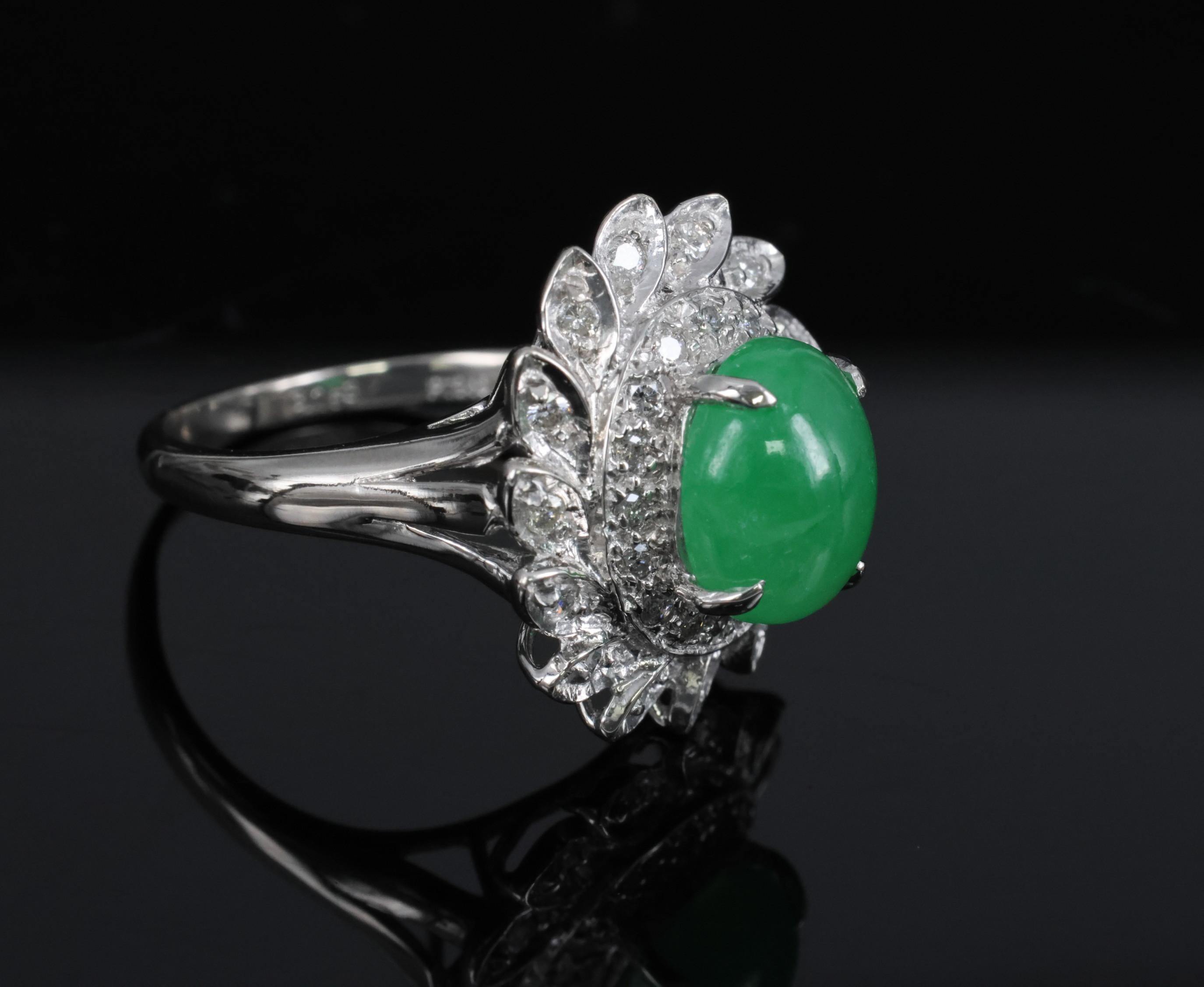 3.06ct Natural Green Untreated Jadeite Jade & 0.40ct Diamond Platinum Ring, 7.4g