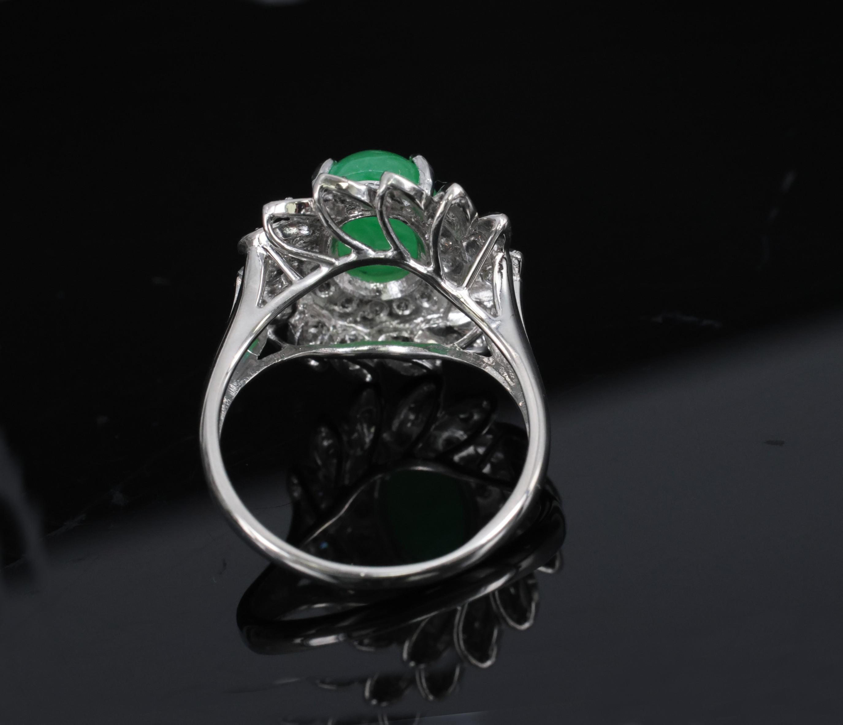 3.06ct Natural Green Untreated Jadeite Jade & 0.40ct Diamond Platinum Ring, 7.4g