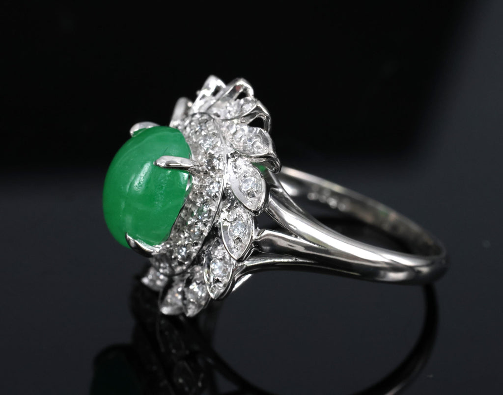 3.06ct Natural Green Untreated Jadeite Jade & 0.40ct Diamond Platinum Ring, 7.4g