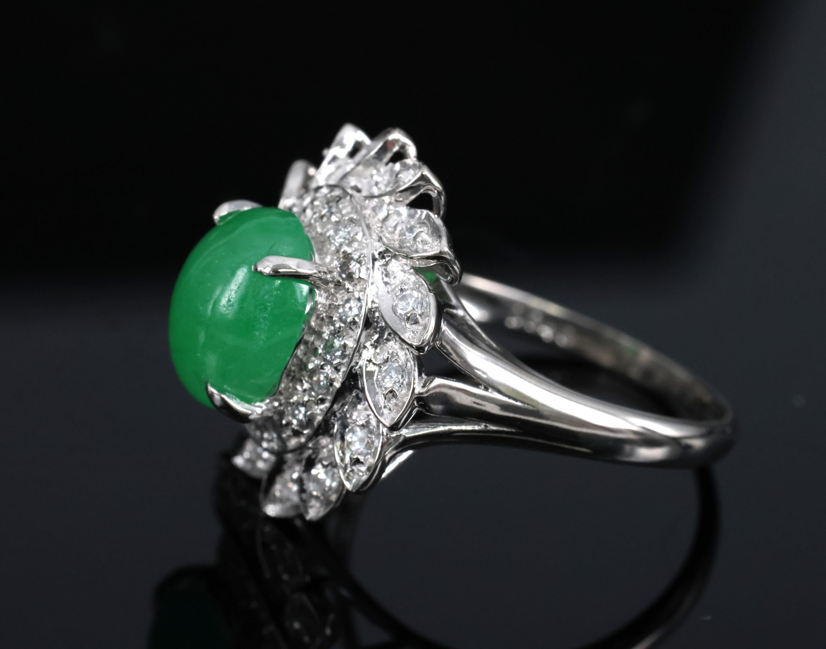 3.06ct Natural Green Untreated Jadeite Jade & 0.40ct Diamond Platinum Ring, 7.4g