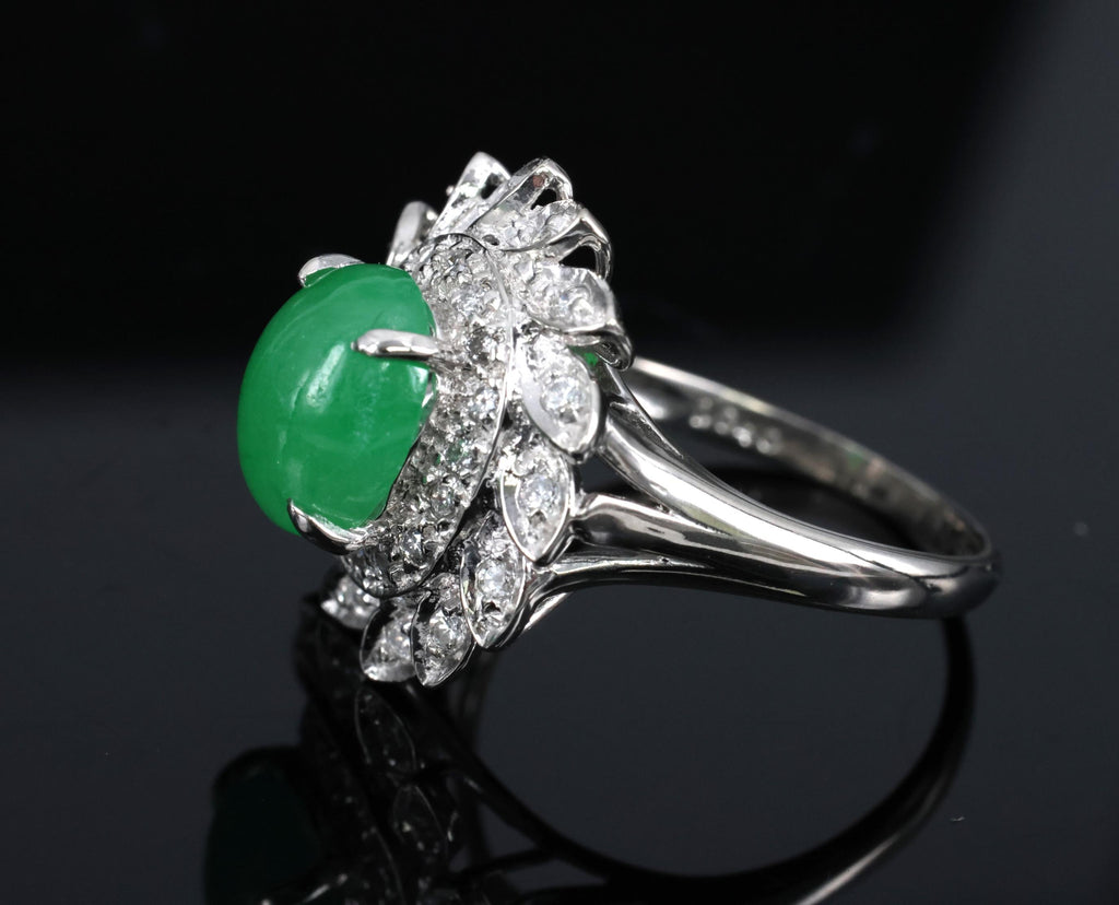 3.06ct Natural Green Untreated Jadeite Jade & 0.40ct Diamond Platinum Ring, 7.4g