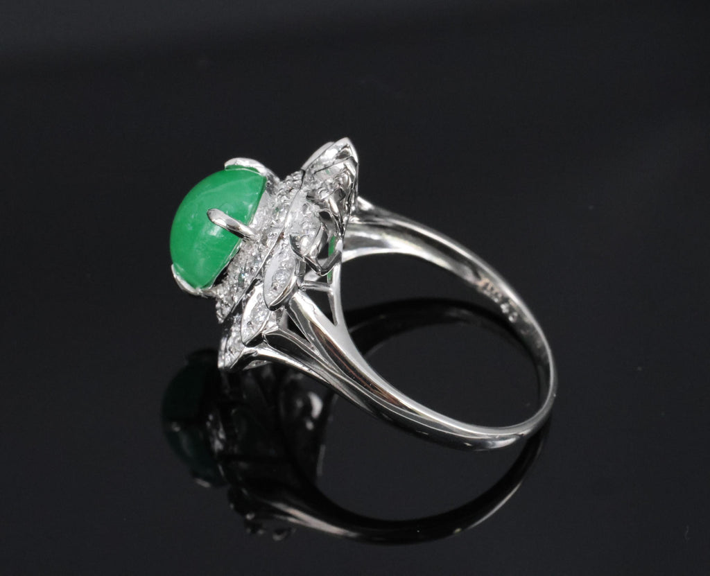 3.06ct Natural Green Untreated Jadeite Jade & 0.40ct Diamond Platinum Ring, 7.4g