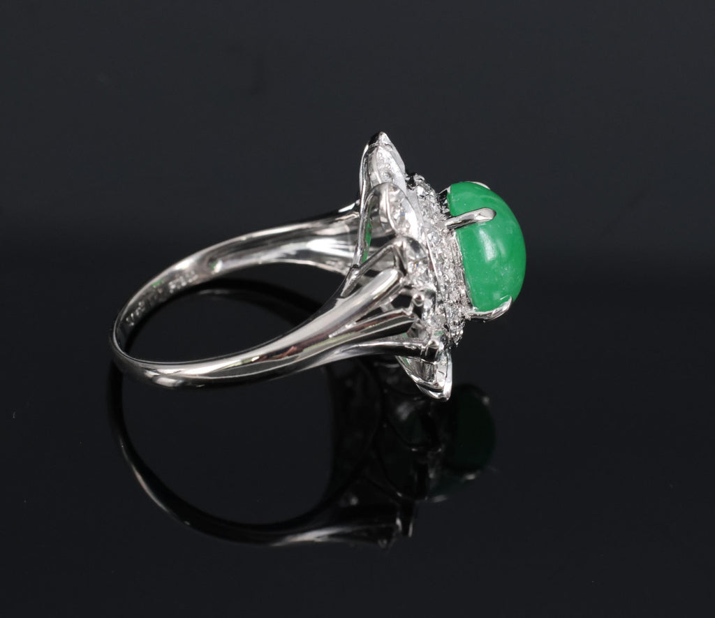 3.06ct Natural Green Untreated Jadeite Jade & 0.40ct Diamond Platinum Ring, 7.4g