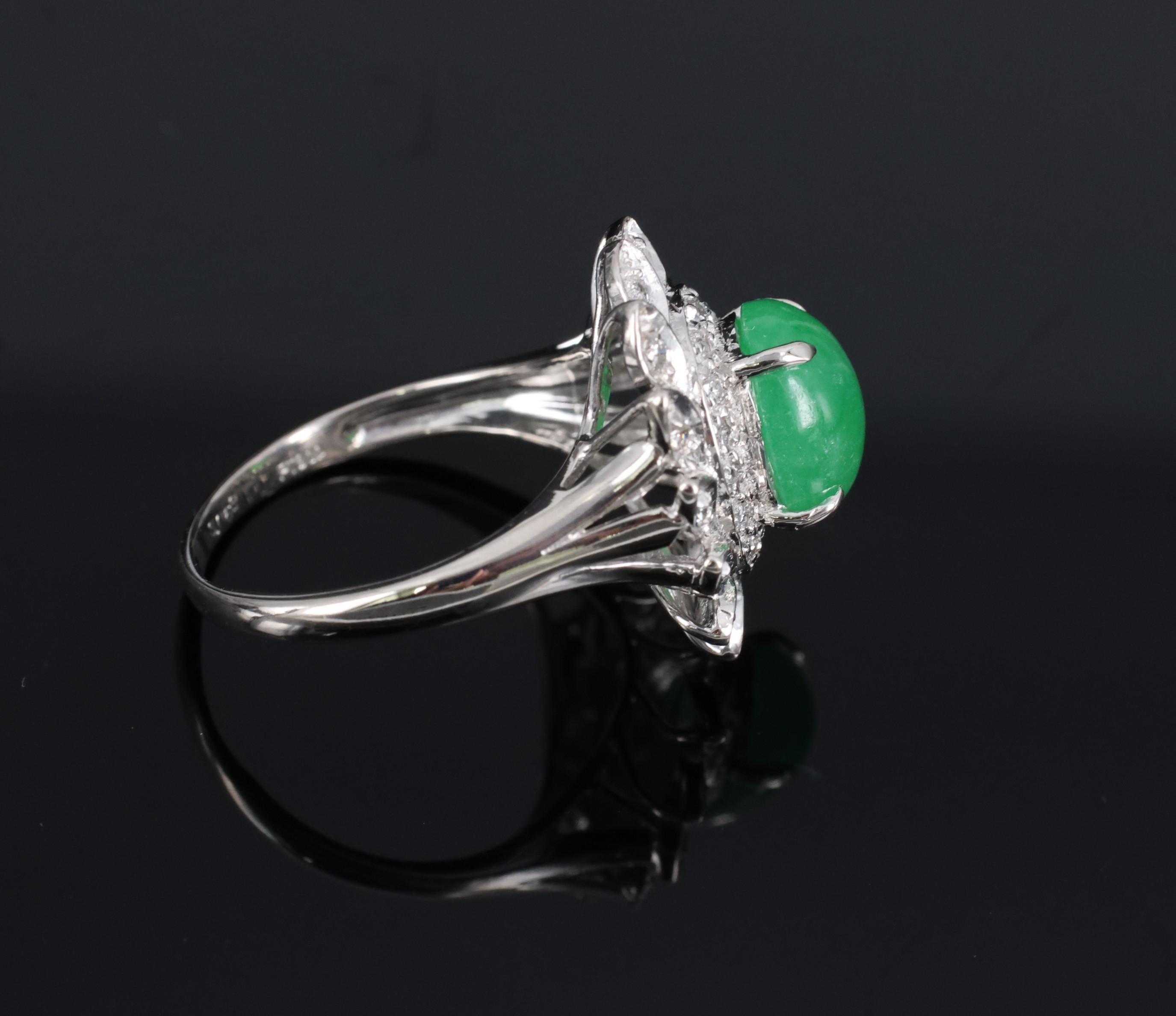 3.06ct Natural Green Untreated Jadeite Jade & 0.40ct Diamond Platinum Ring, 7.4g