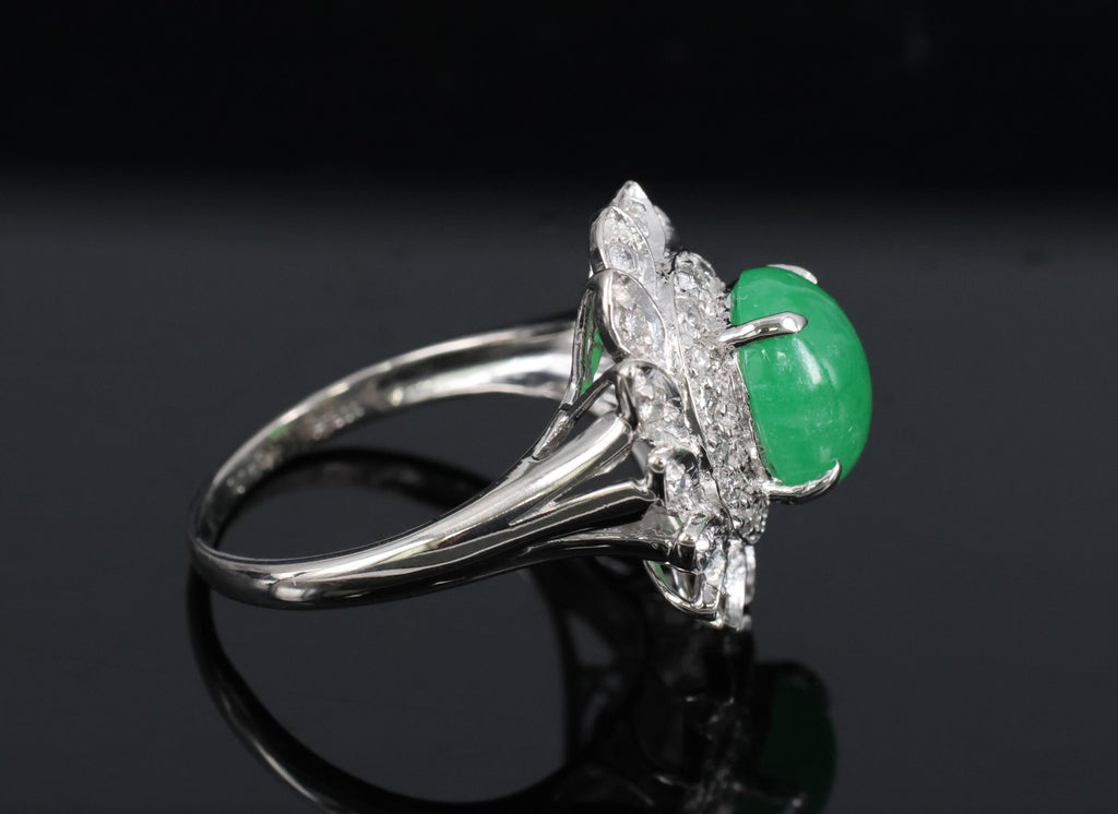 3.06ct Natural Green Untreated Jadeite Jade & 0.40ct Diamond Platinum Ring, 7.4g