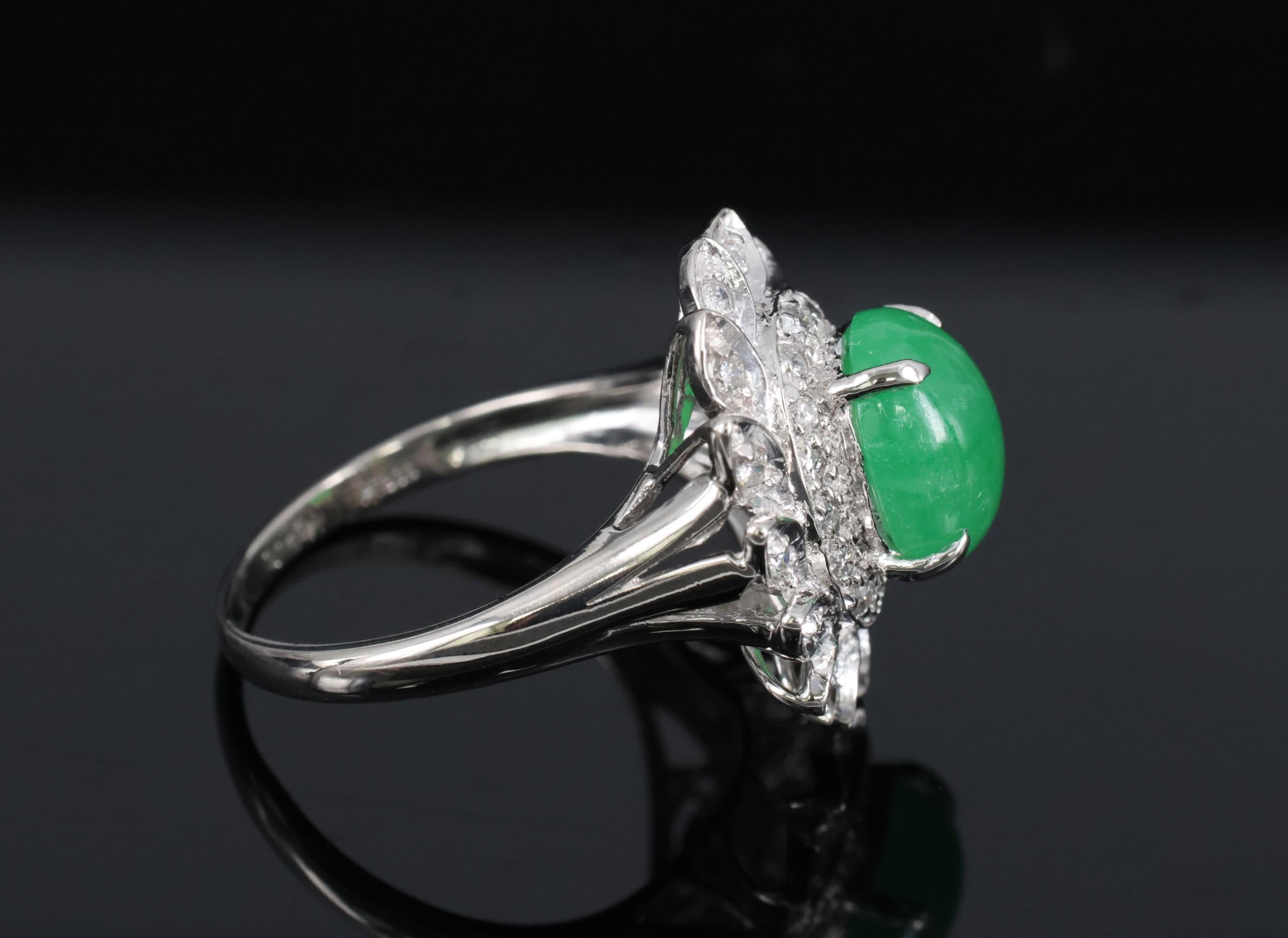 3.06ct Natural Green Untreated Jadeite Jade & 0.40ct Diamond Platinum Ring, 7.4g
