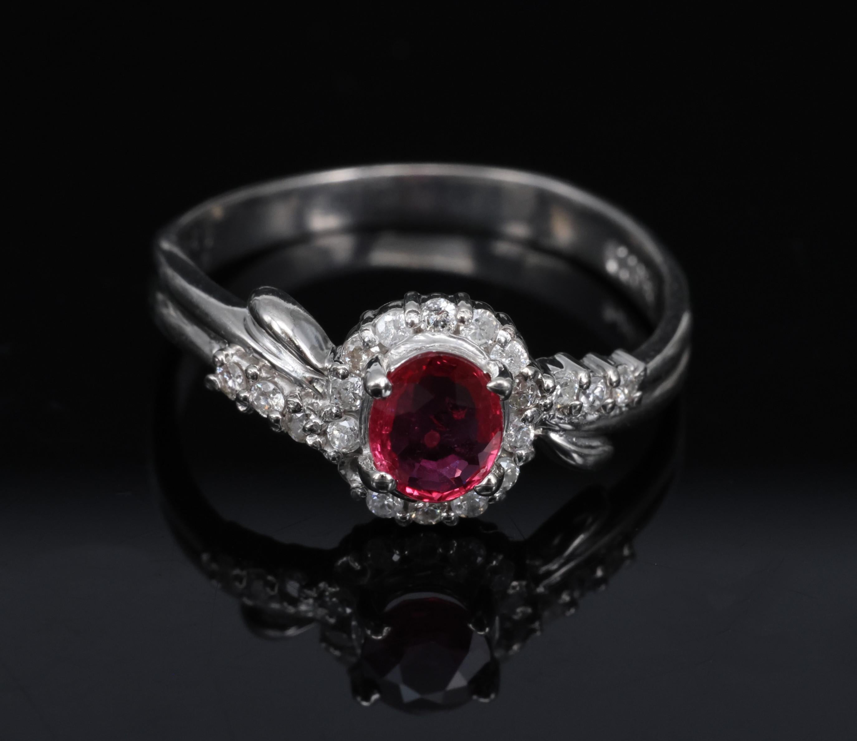 Vintage 0.38ct Vivid Red Natural Ruby & 0.14ct Diamond Platinum Ring Size 4.5