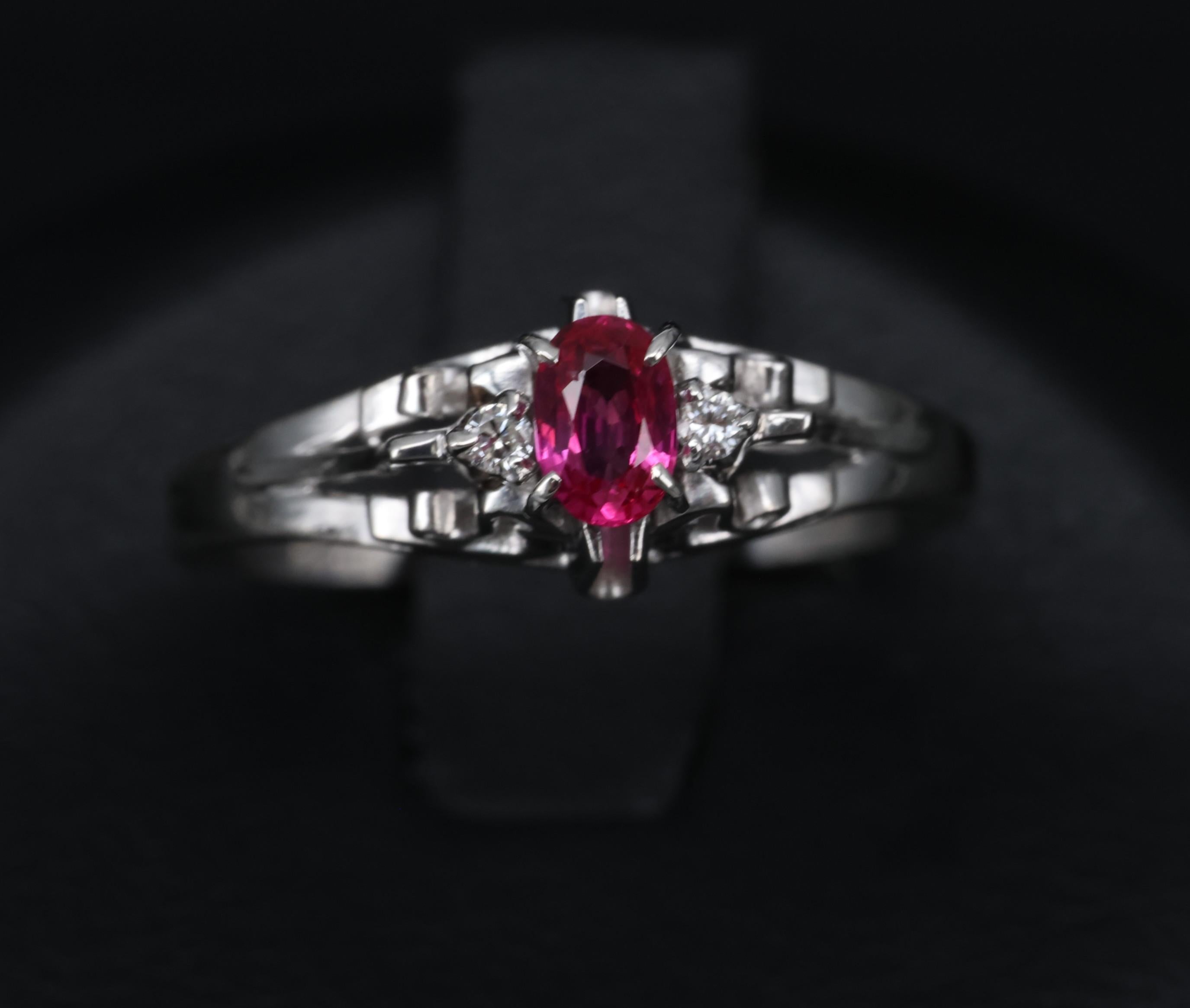 Vintage 0.28ct Vivid Red Natural Ruby & 0.04ct Diamond Platinum Ring Size 6