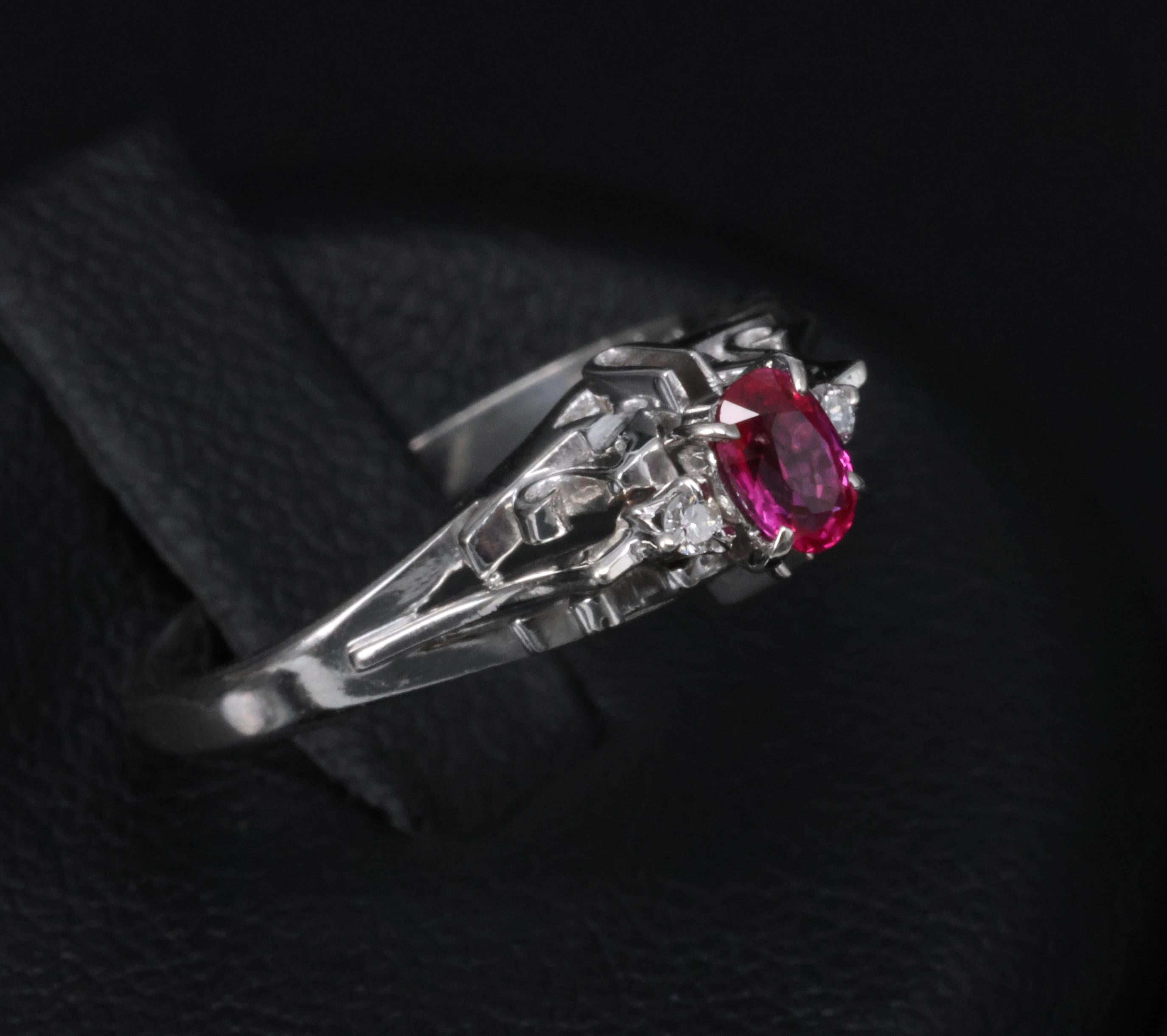 Vintage 0.28ct Vivid Red Natural Ruby & 0.04ct Diamond Platinum Ring Size 6
