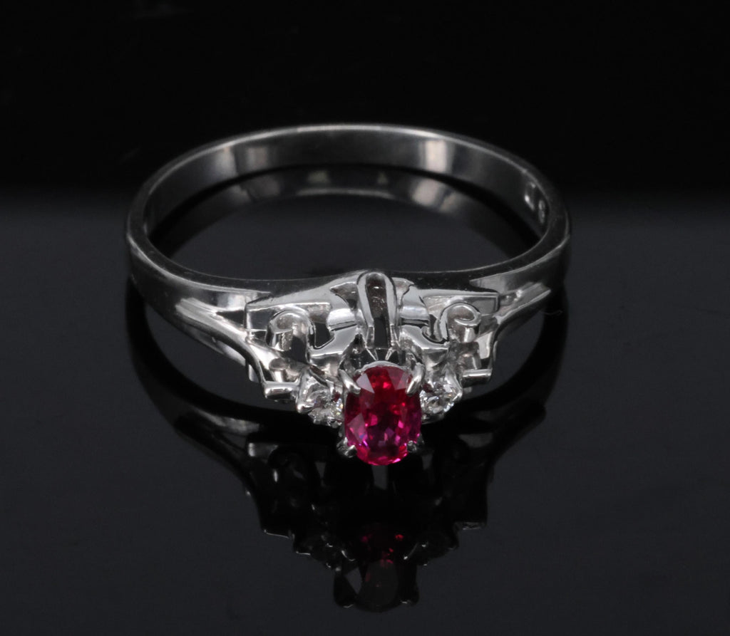Vintage 0.28ct Vivid Red Natural Ruby & 0.04ct Diamond Platinum Ring Size 6