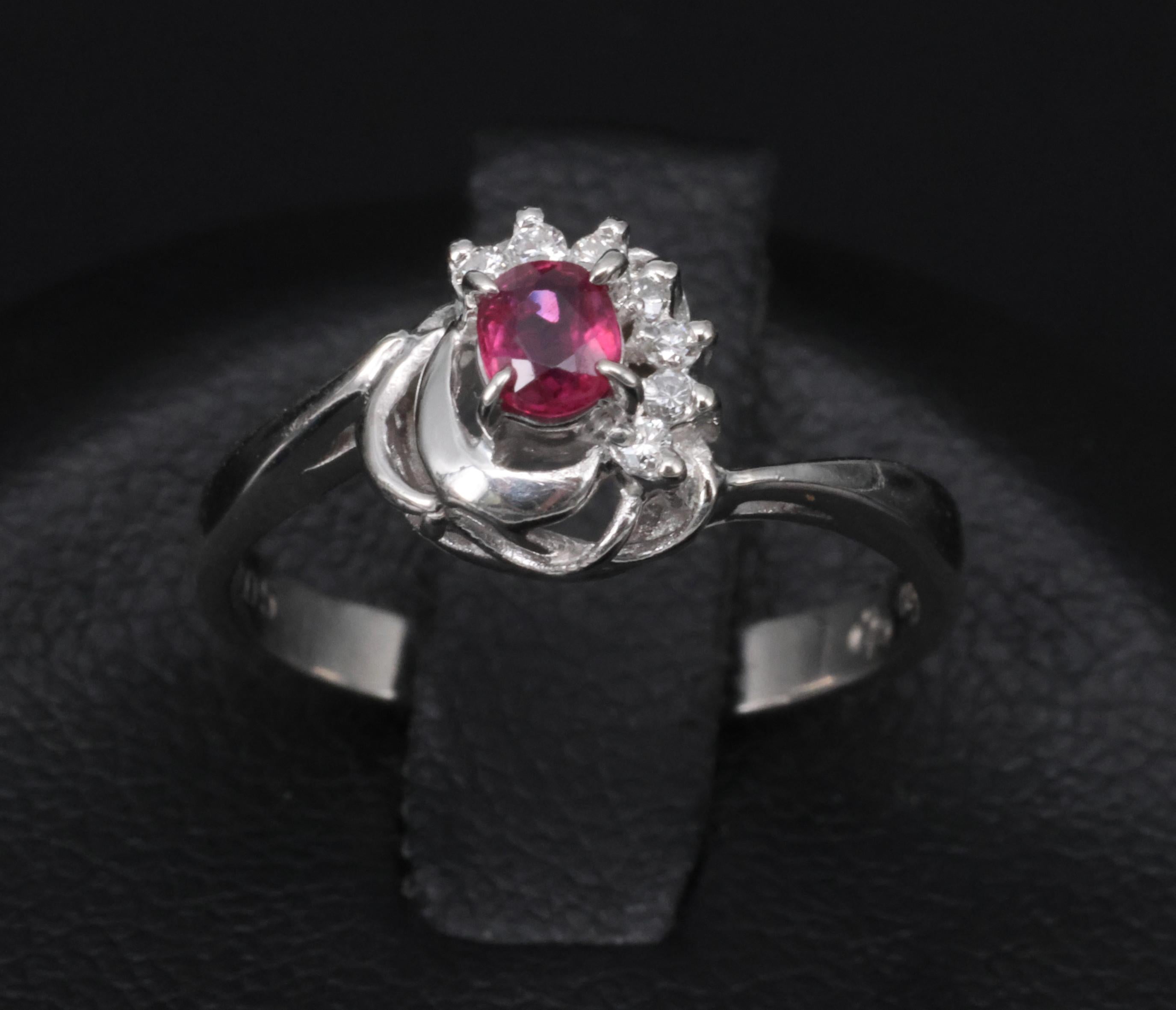 Vintage 0.21ct Natural Ruby & 0.05ct Diamond Handmade Platinum Ring Size 4.5