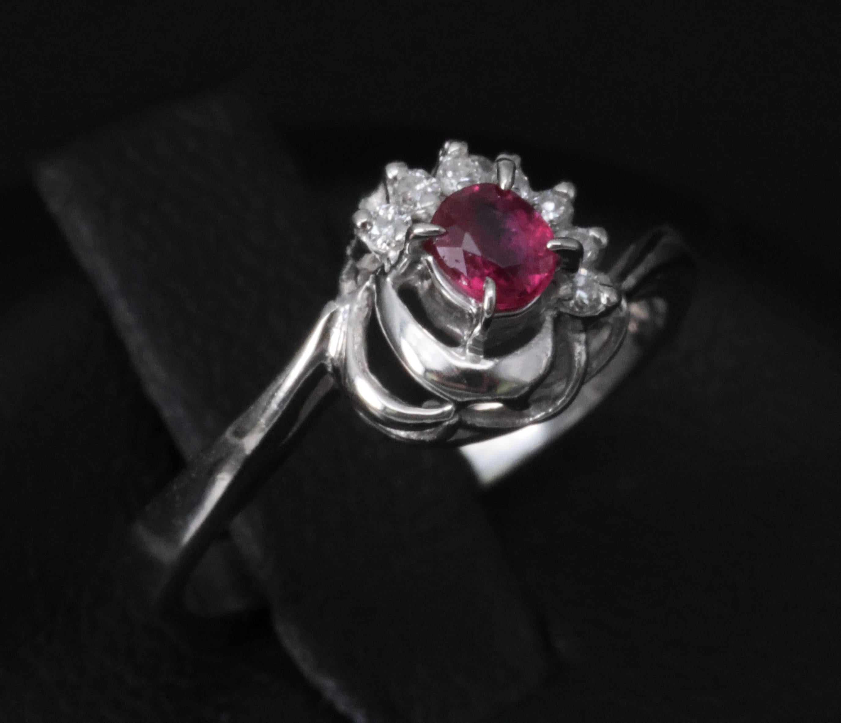 Vintage 0.21ct Natural Ruby & 0.05ct Diamond Handmade Platinum Ring Size 4.5
