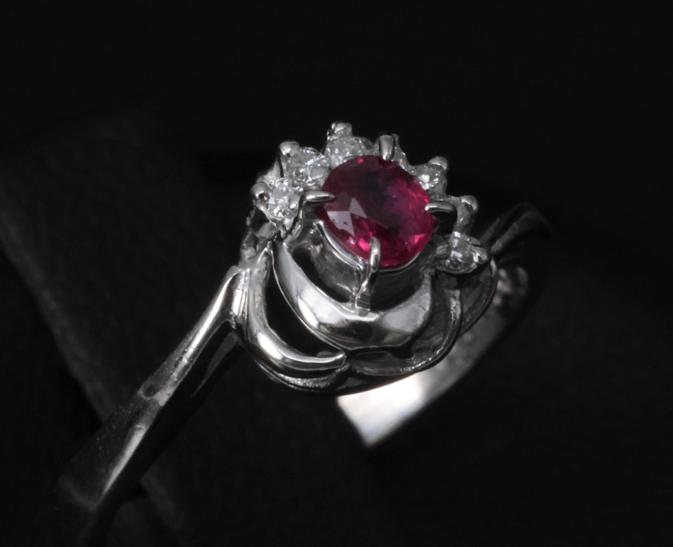 Vintage 0.21ct Natural Ruby & 0.05ct Diamond Handmade Platinum Ring Size 4.5