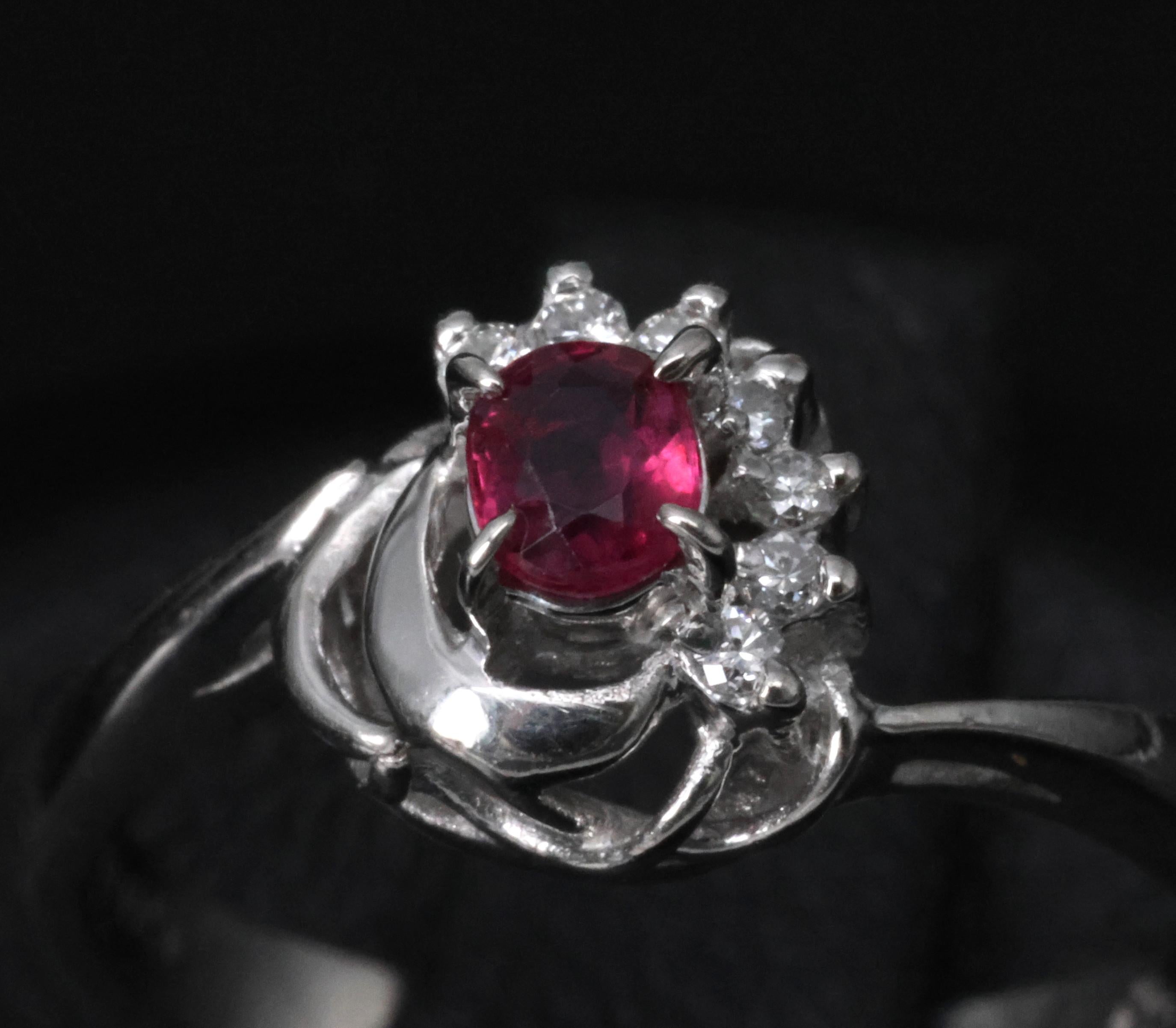 Vintage 0.21ct Natural Ruby & 0.05ct Diamond Handmade Platinum Ring Size 4.5