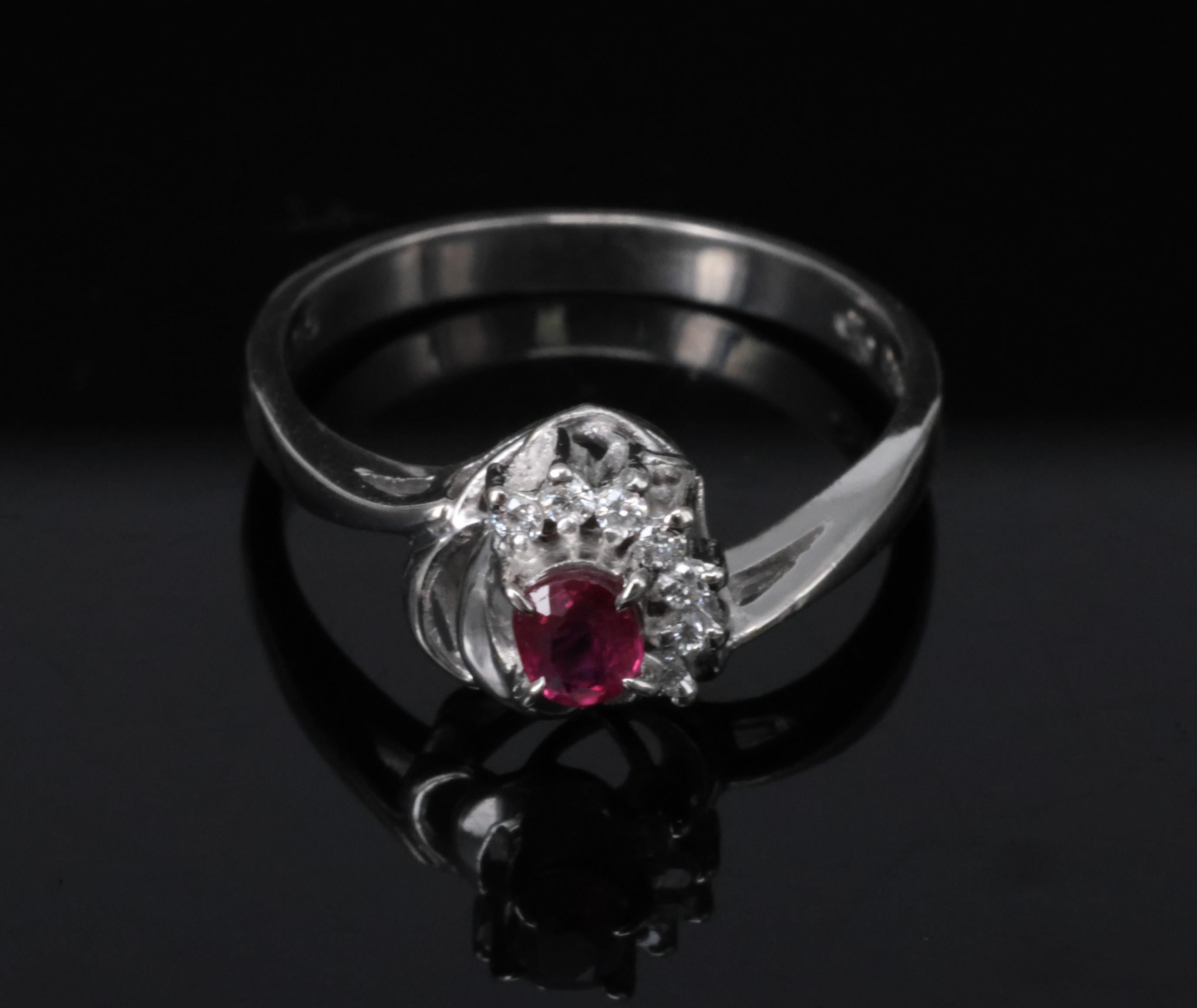 Vintage 0.21ct Natural Ruby & 0.05ct Diamond Handmade Platinum Ring Size 4.5