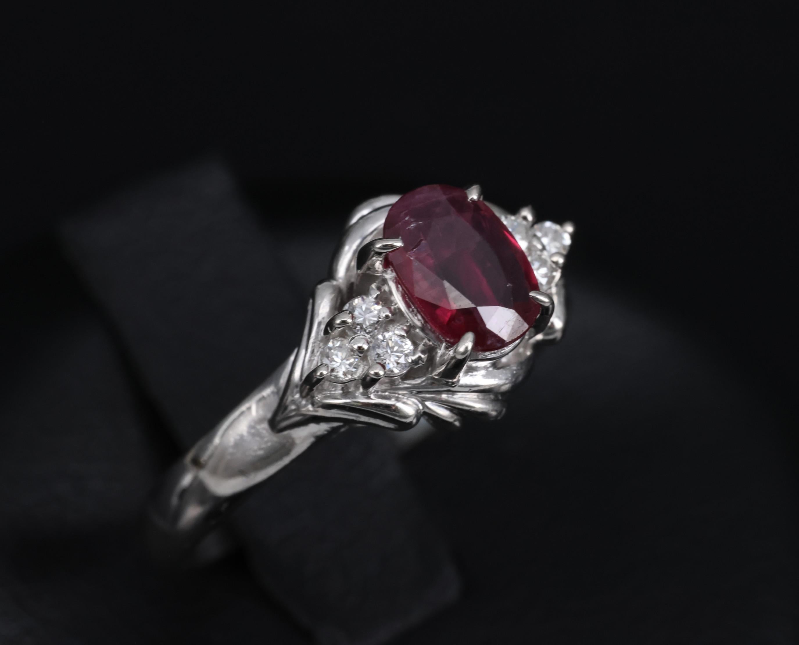 Vintage 0.68ct Intense Red Ruby & 0.08ct Diamond Platinum Handmade Ring Size 5