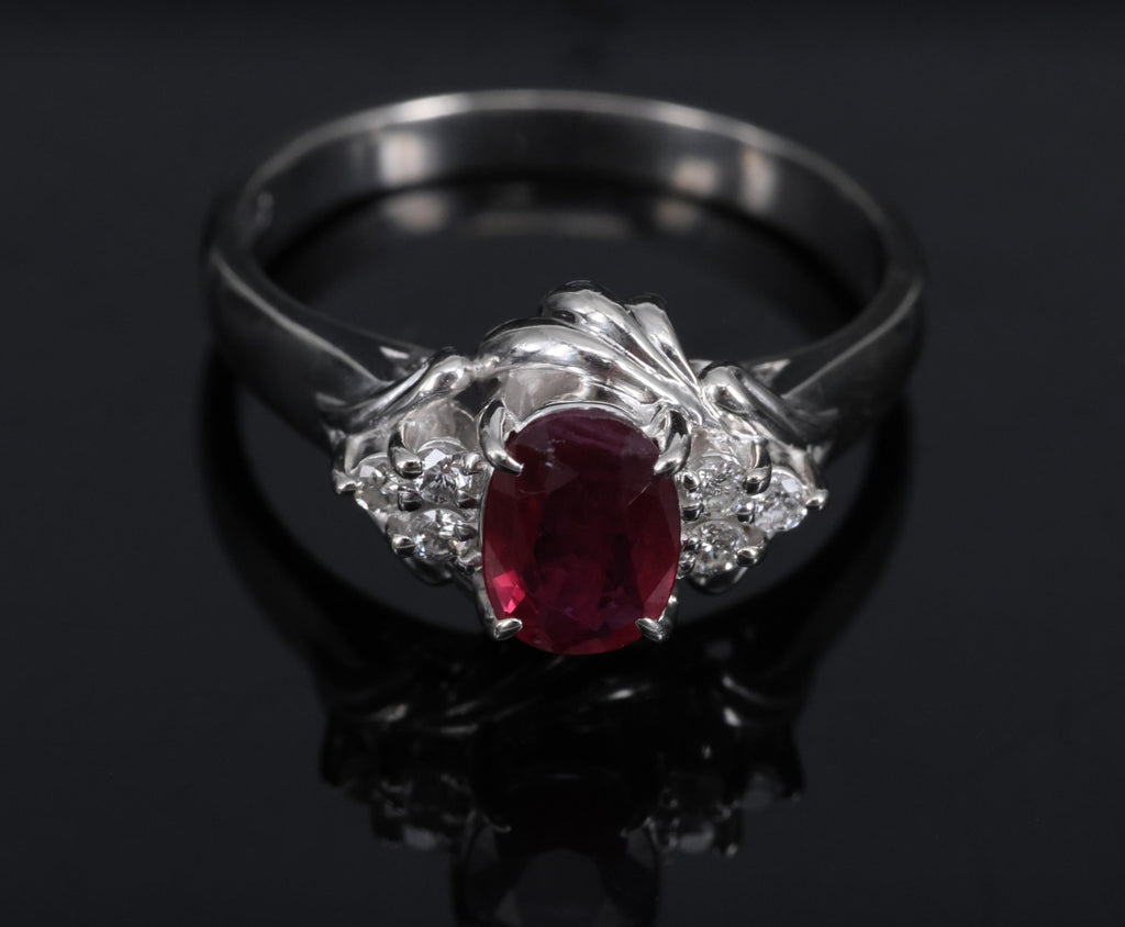 Vintage 0.68ct Intense Red Ruby & 0.08ct Diamond Platinum Handmade Ring Size 5