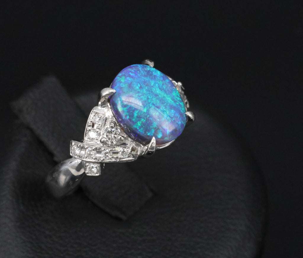 Fine 2.02ct Natural Untreated Black Opal & 0.16ct Diamond Platinum Ring Size 5.5