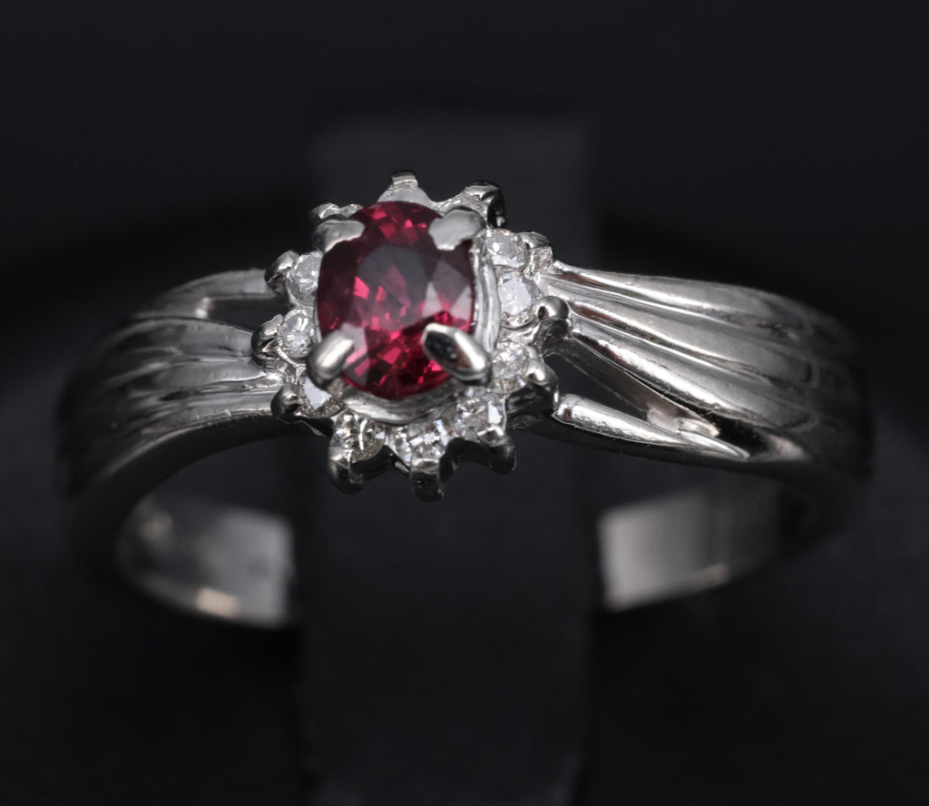 Vintage 0.35ct Intense Red Ruby & 0.09ct Diamond Platinum Ring Size 5.75
