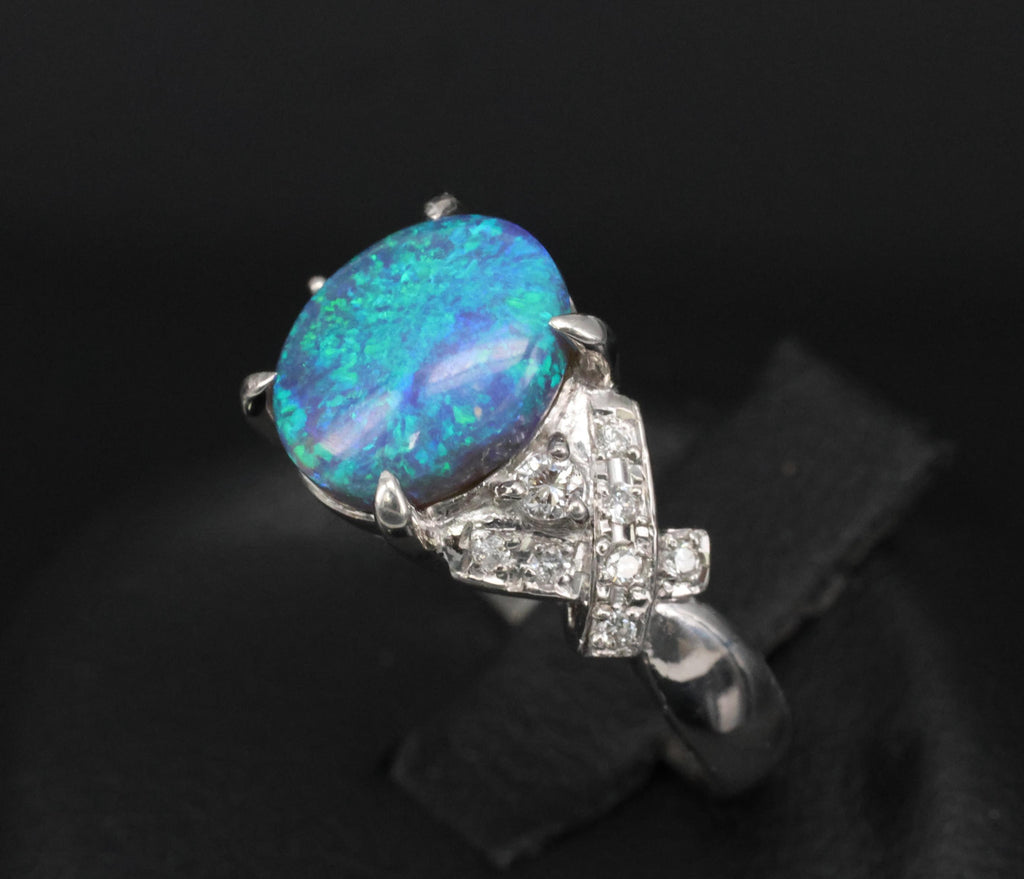 Fine 2.02ct Natural Untreated Black Opal & 0.16ct Diamond Platinum Ring Size 5.5