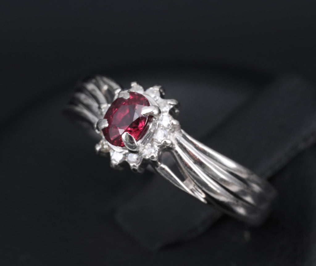 Vintage 0.35ct Intense Red Ruby & 0.09ct Diamond Platinum Ring Size 5.75