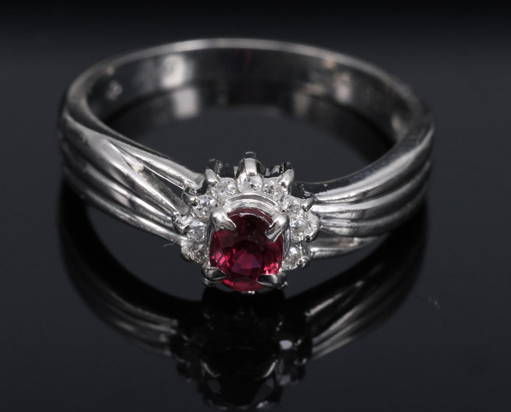 Vintage 0.35ct Intense Red Ruby & 0.09ct Diamond Platinum Ring Size 5.75