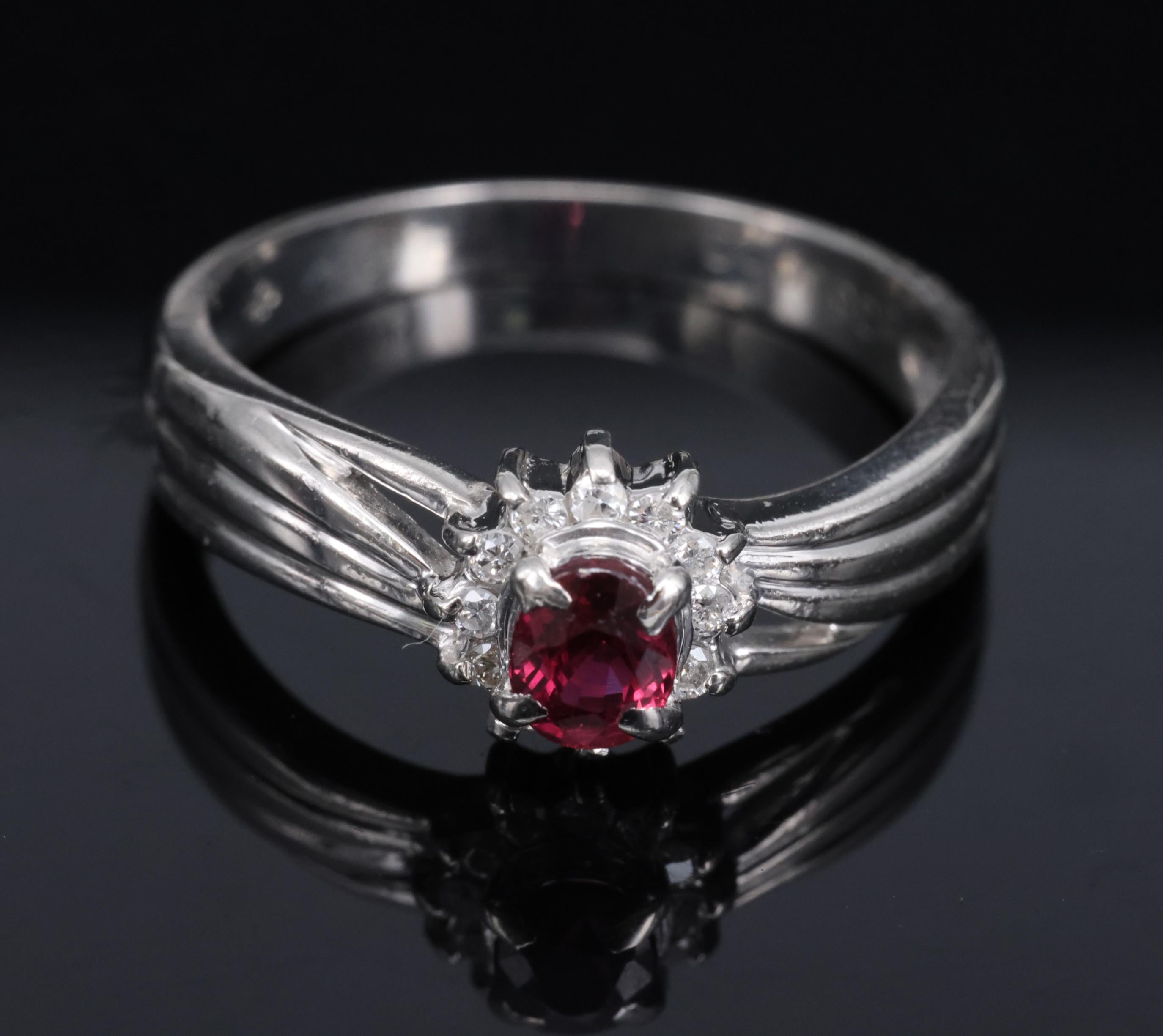 Vintage 0.35ct Intense Red Ruby & 0.09ct Diamond Platinum Ring Size 5.75