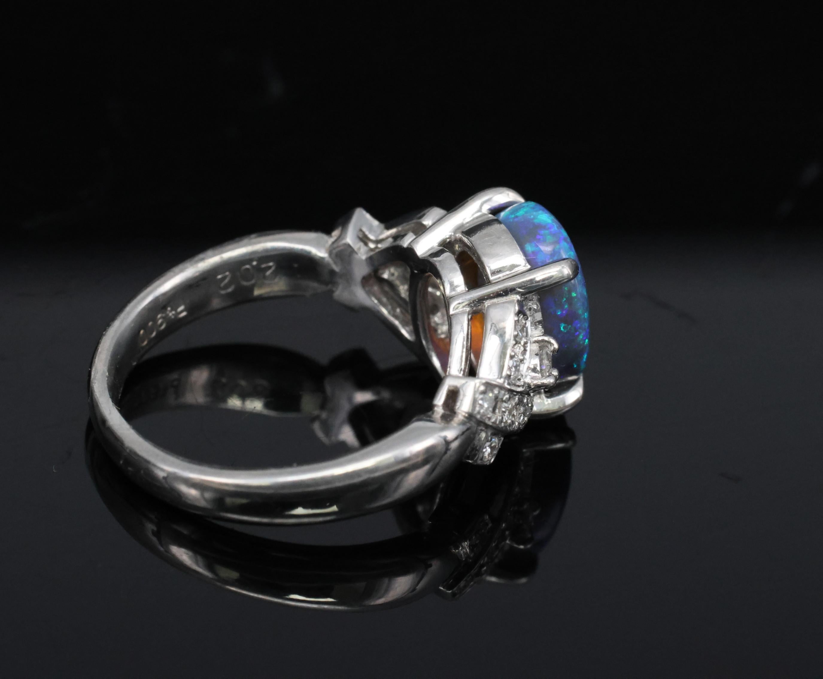 Fine 2.02ct Natural Untreated Black Opal & 0.16ct Diamond Platinum Ring Size 5.5