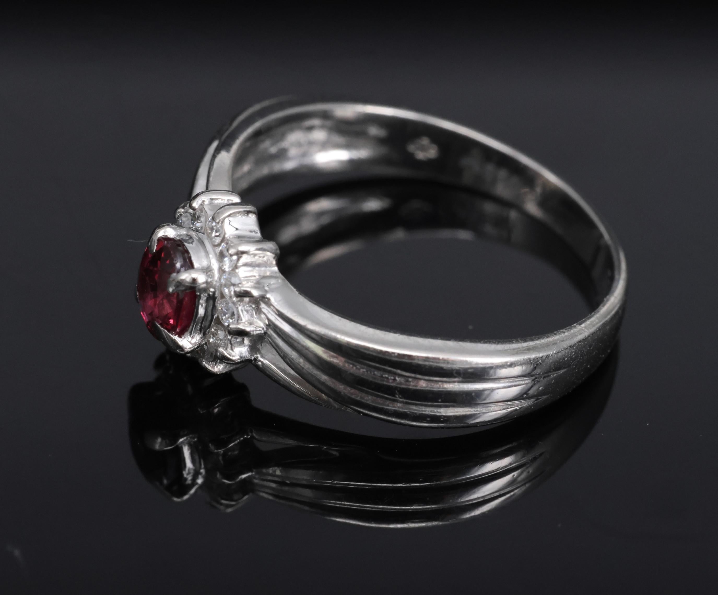 Vintage 0.35ct Intense Red Ruby & 0.09ct Diamond Platinum Ring Size 5.75