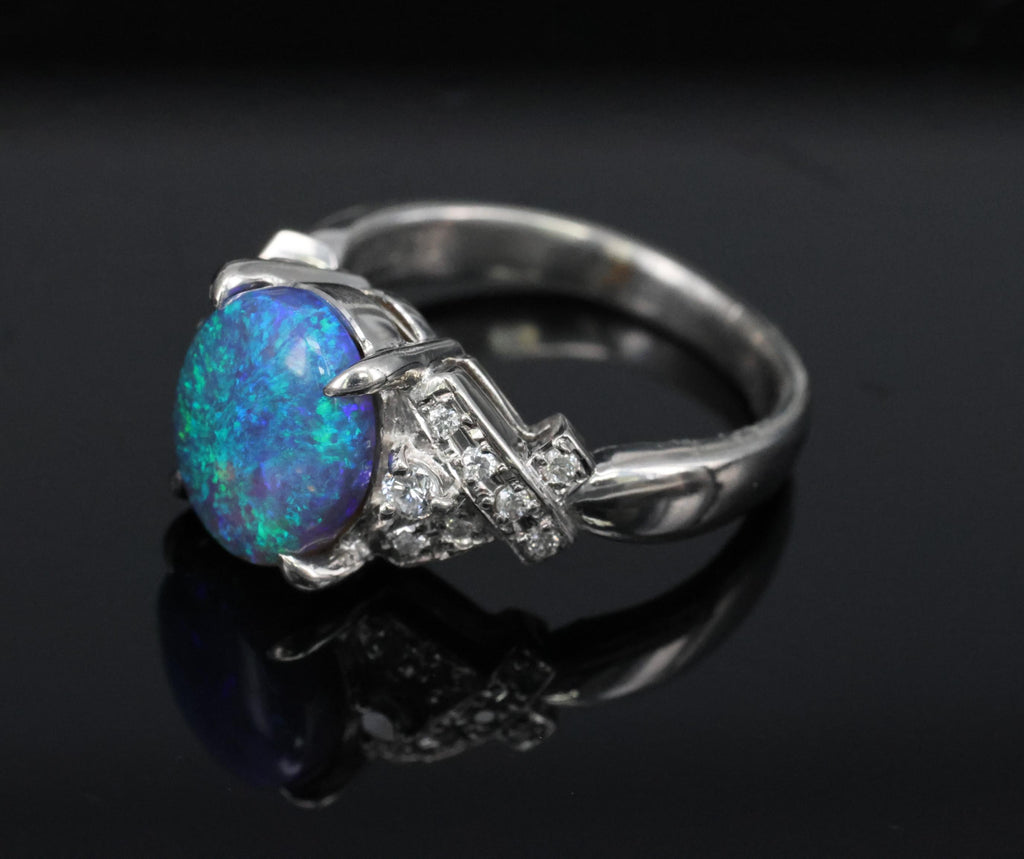 Fine 2.02ct Natural Untreated Black Opal & 0.16ct Diamond Platinum Ring Size 5.5