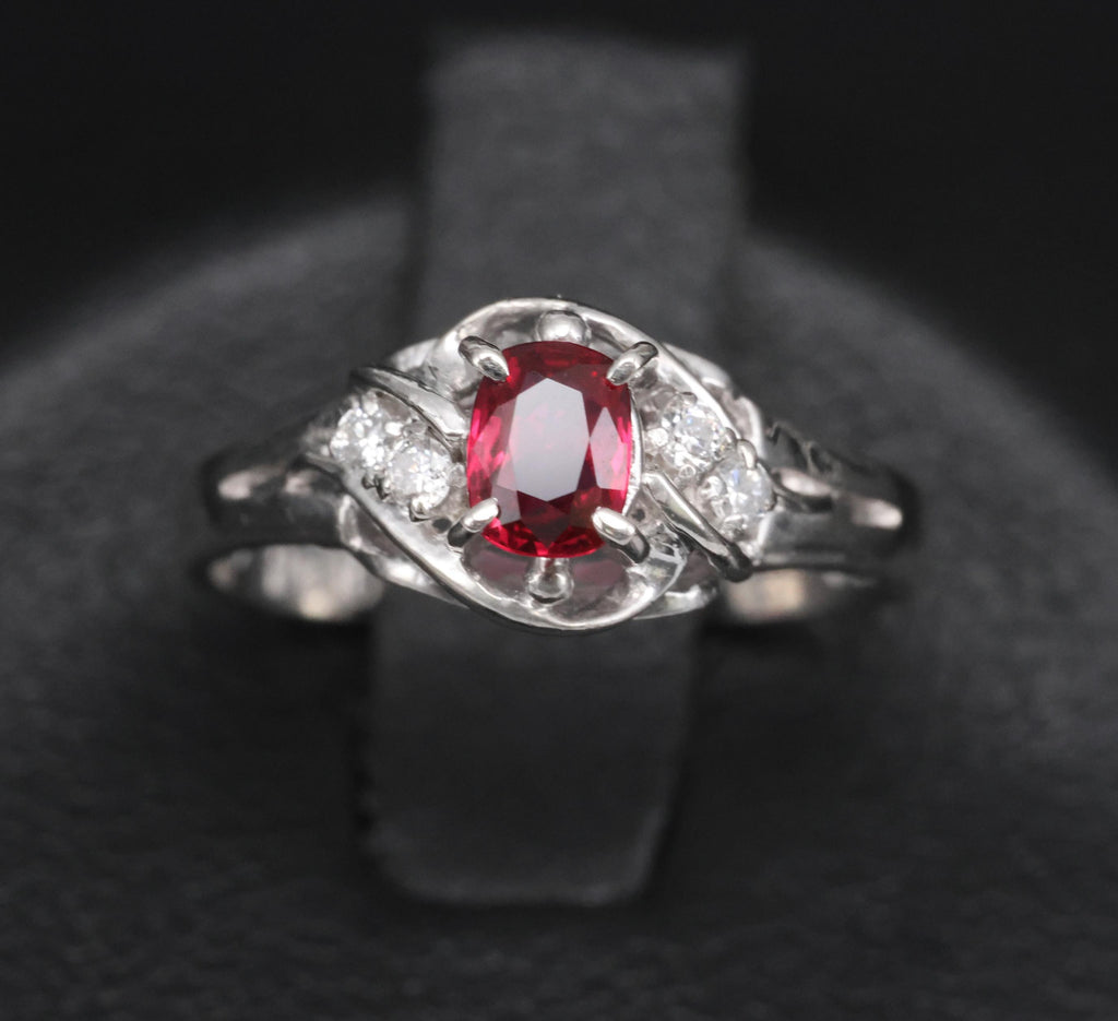 Fine 0.28ct Intense Red Ruby & 0.06ct Diamond Handmade Platinum Ring Size 3.25