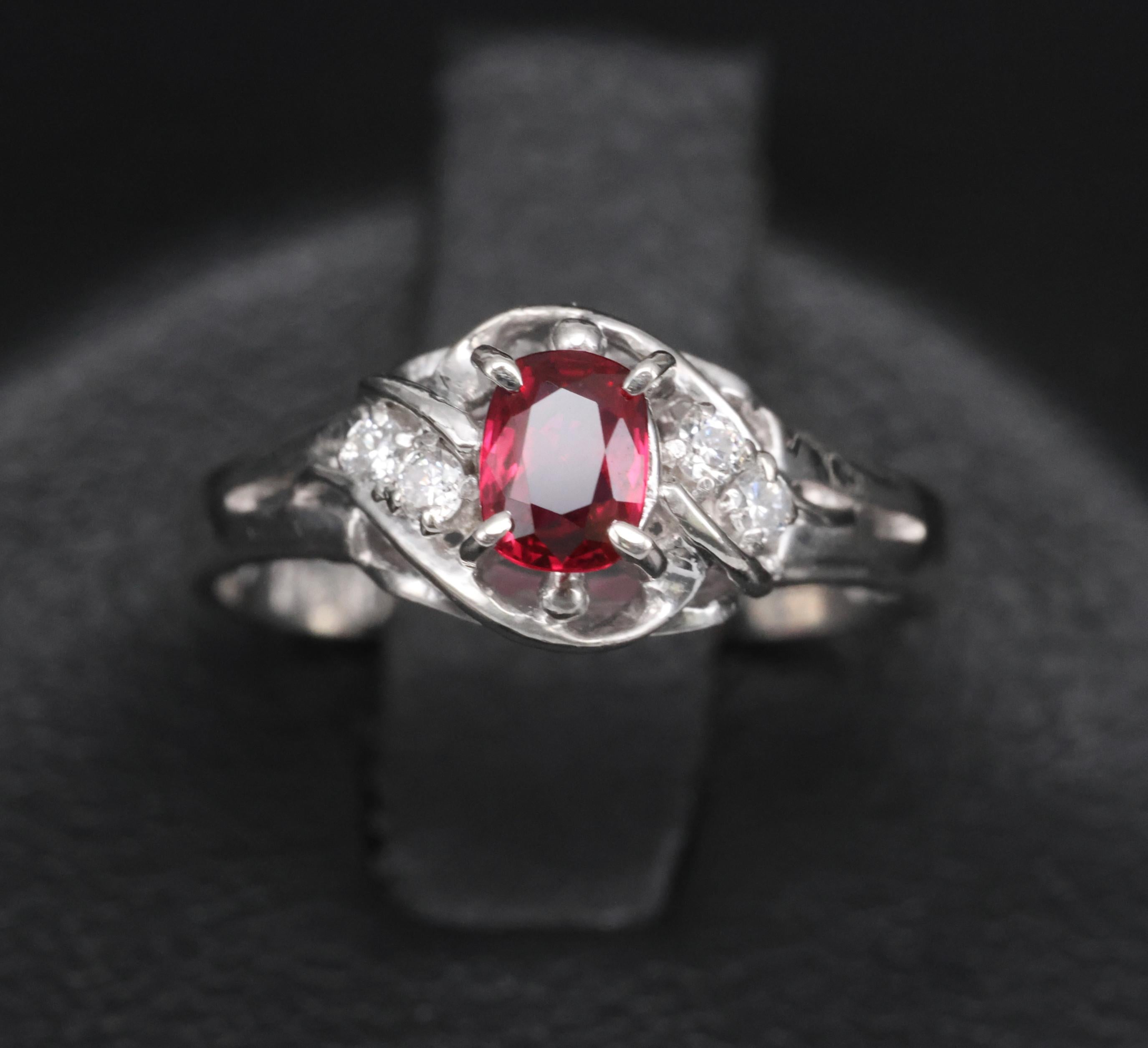 Fine 0.28ct Intense Red Ruby & 0.06ct Diamond Handmade Platinum Ring Size 3.25
