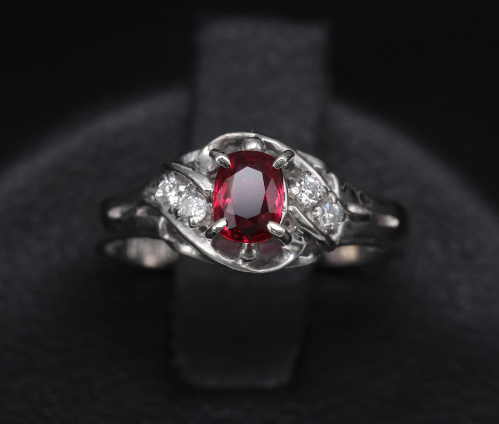 Fine 0.28ct Intense Red Ruby & 0.06ct Diamond Handmade Platinum Ring Size 3.25