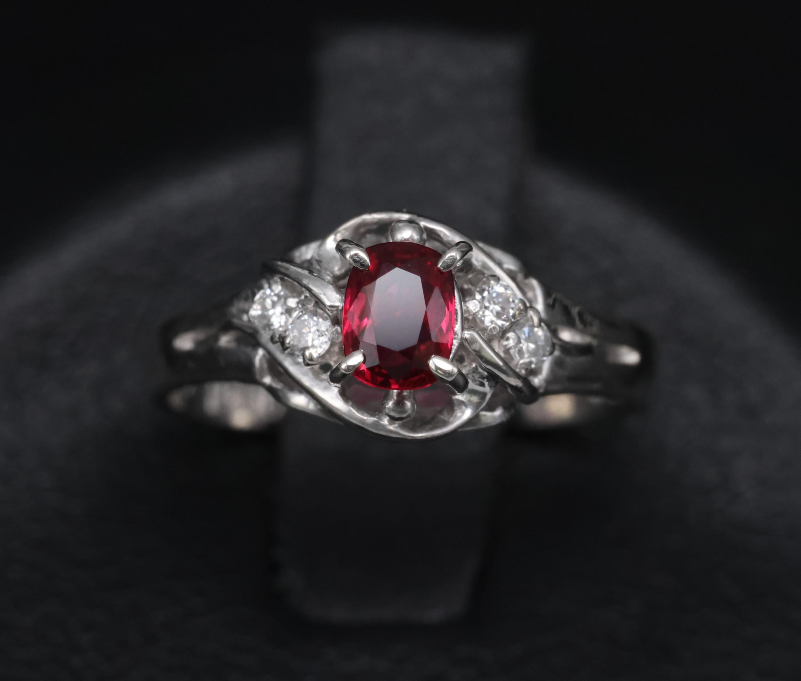 Fine 0.28ct Intense Red Ruby & 0.06ct Diamond Handmade Platinum Ring Size 3.25