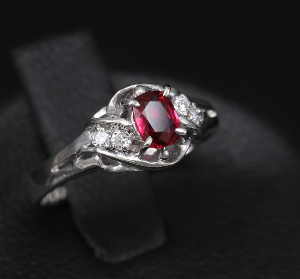 Fine 0.28ct Intense Red Ruby & 0.06ct Diamond Handmade Platinum Ring Size 3.25