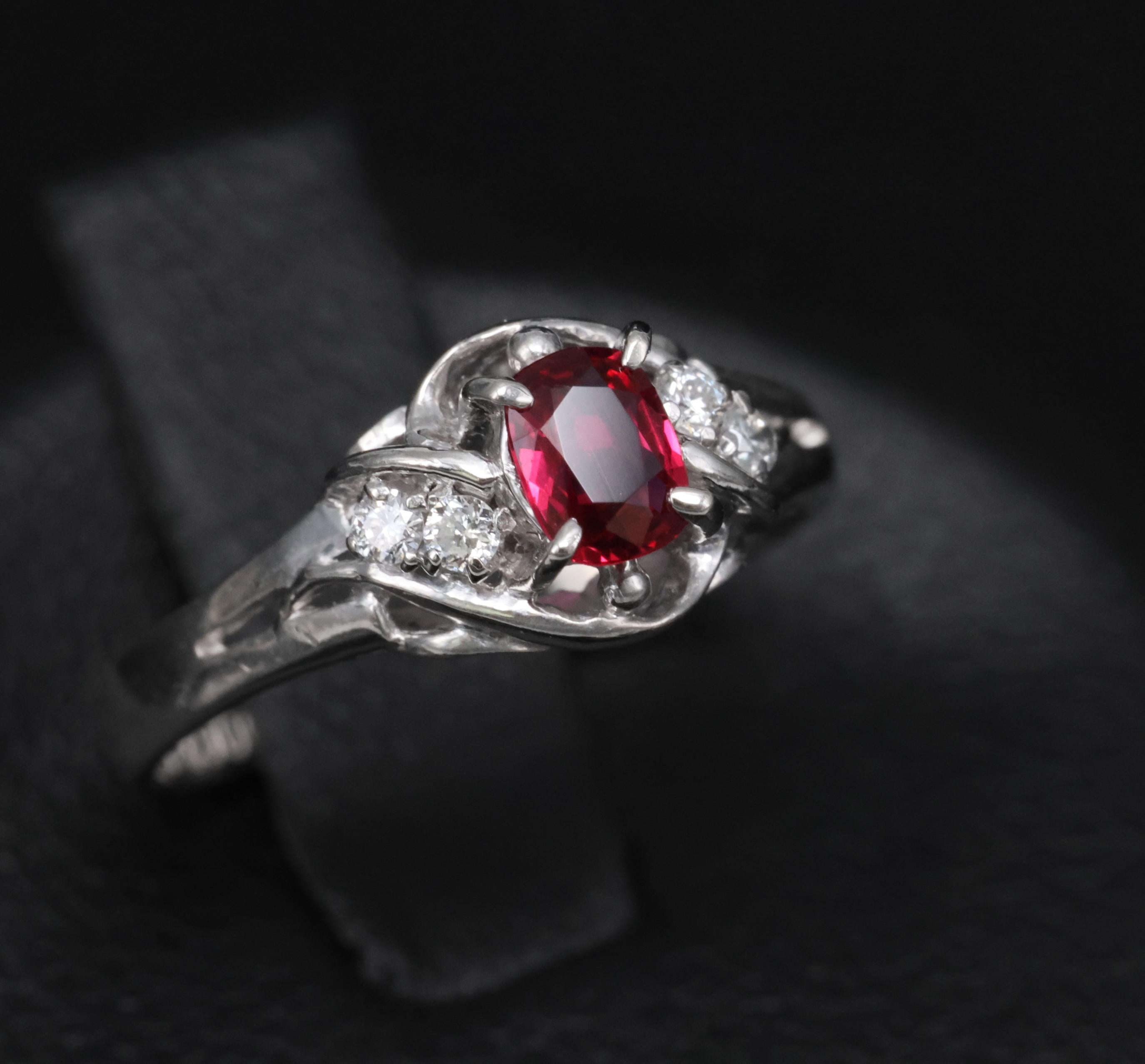 Fine 0.28ct Intense Red Ruby & 0.06ct Diamond Handmade Platinum Ring Size 3.25