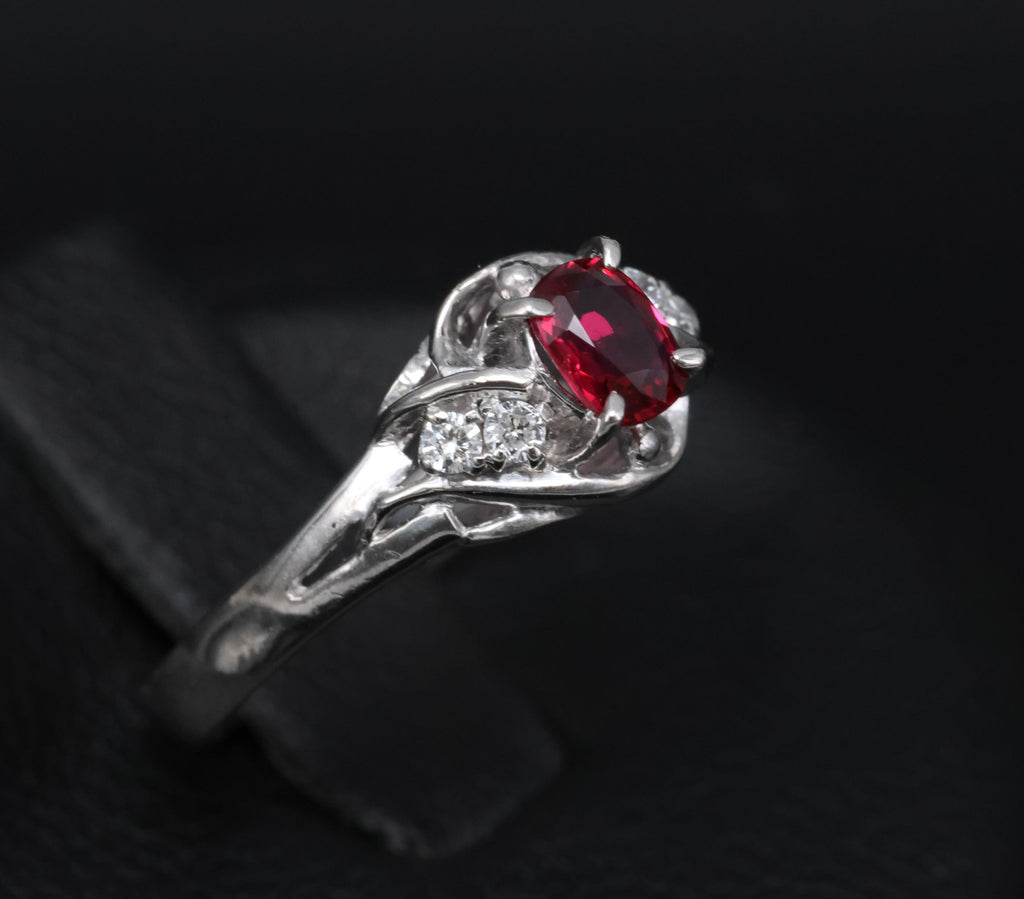 Fine 0.28ct Intense Red Ruby & 0.06ct Diamond Handmade Platinum Ring Size 3.25