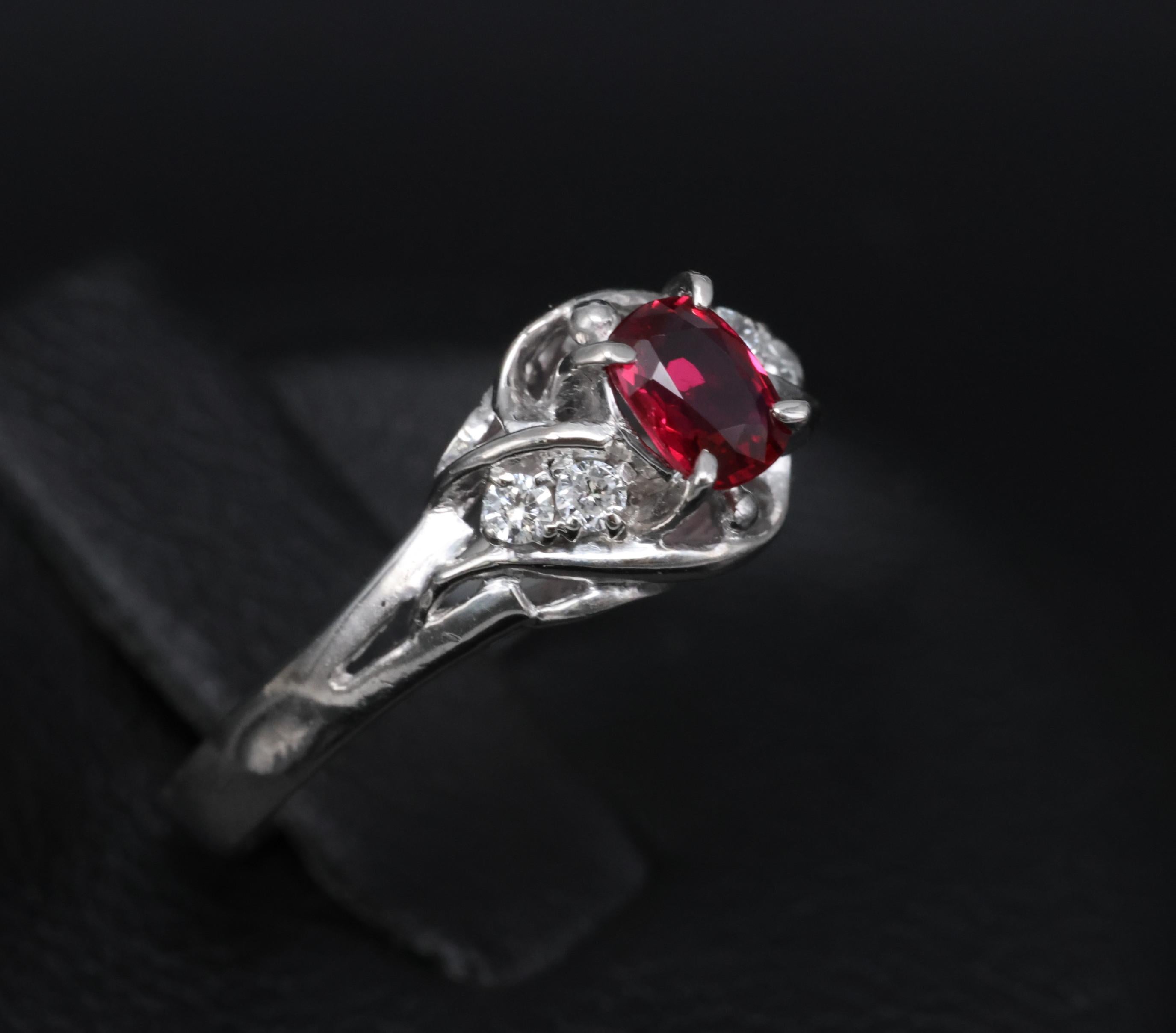 Fine 0.28ct Intense Red Ruby & 0.06ct Diamond Handmade Platinum Ring Size 3.25