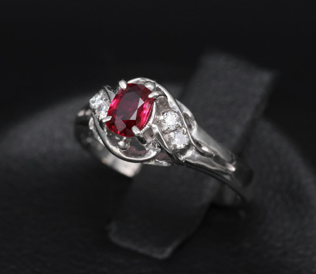 Fine 0.28ct Intense Red Ruby & 0.06ct Diamond Handmade Platinum Ring Size 3.25