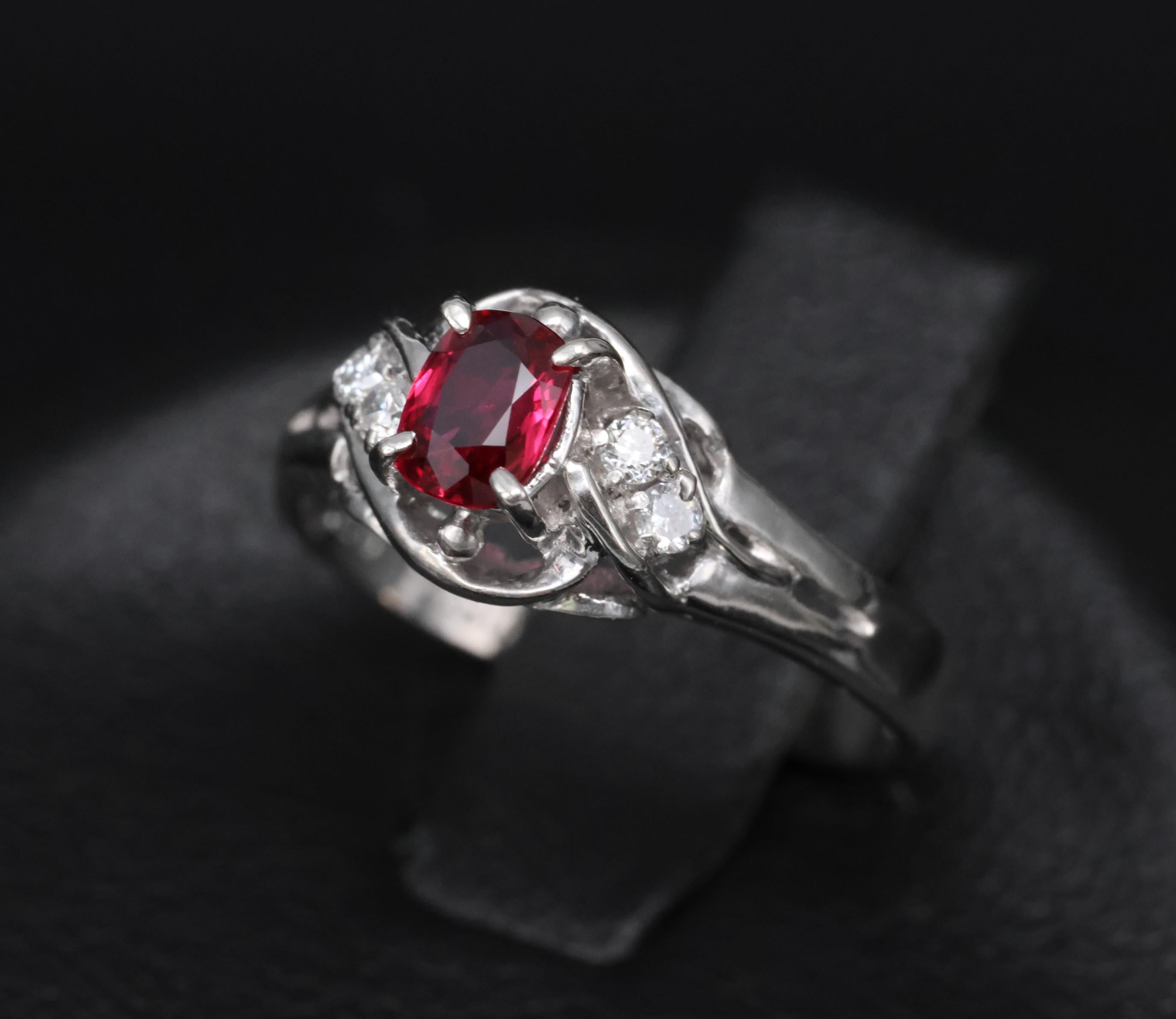 Fine 0.28ct Intense Red Ruby & 0.06ct Diamond Handmade Platinum Ring Size 3.25