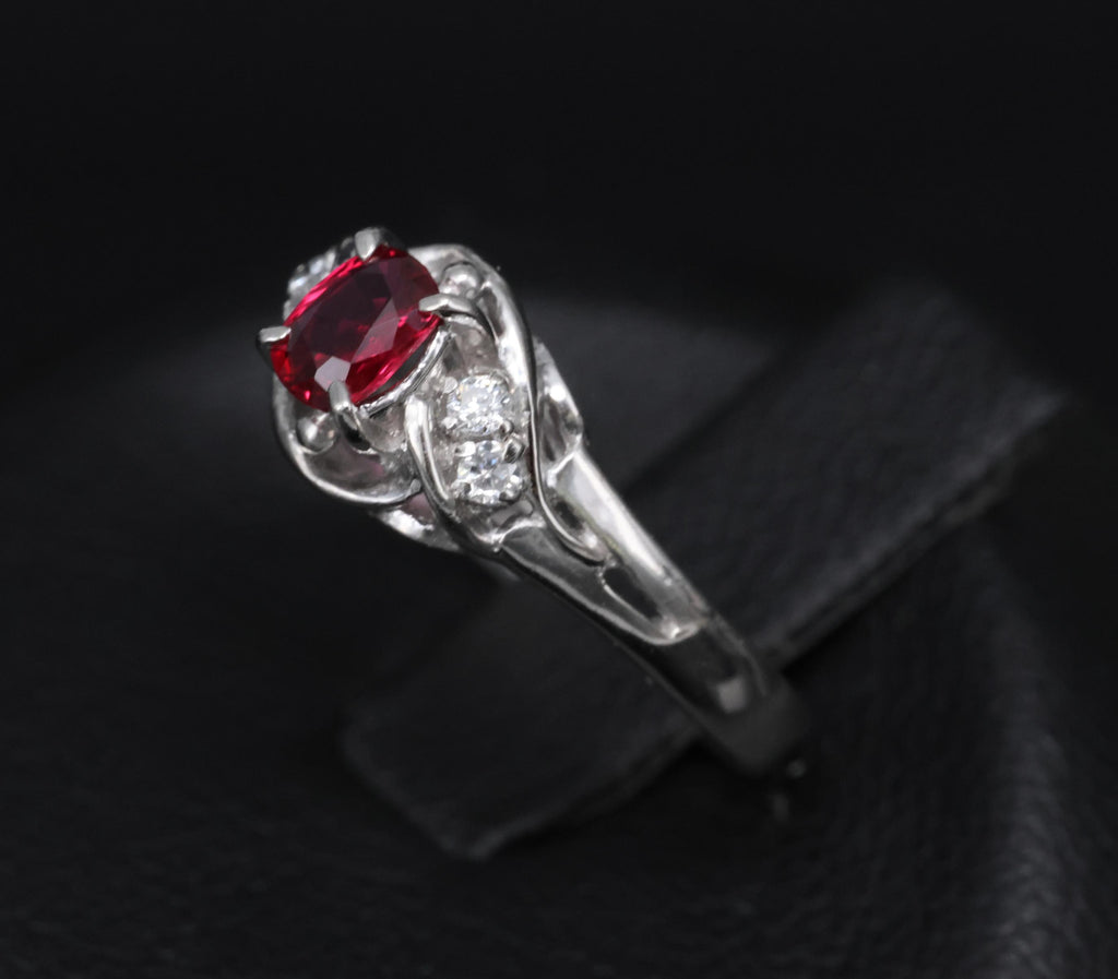 Fine 0.28ct Intense Red Ruby & 0.06ct Diamond Handmade Platinum Ring Size 3.25