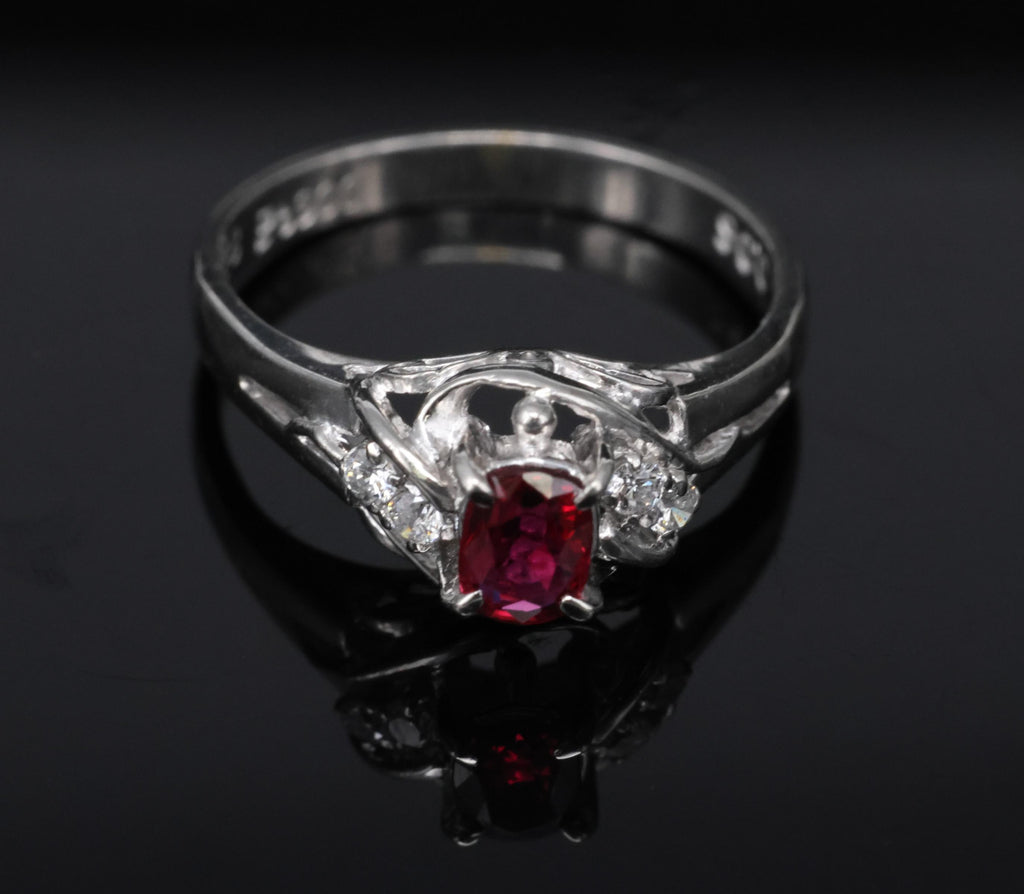 Fine 0.28ct Intense Red Ruby & 0.06ct Diamond Handmade Platinum Ring Size 3.25