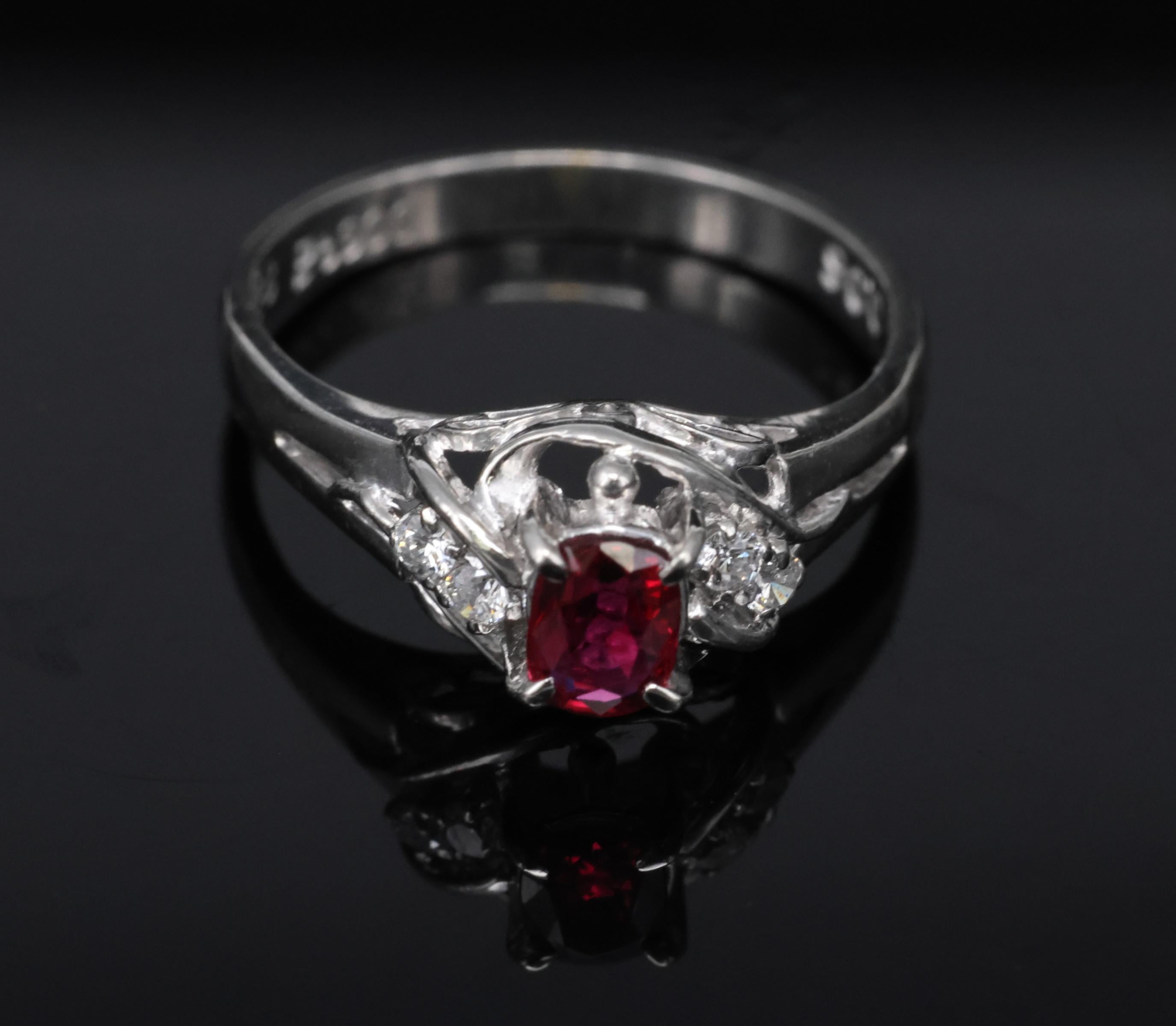 Fine 0.28ct Intense Red Ruby & 0.06ct Diamond Handmade Platinum Ring Size 3.25
