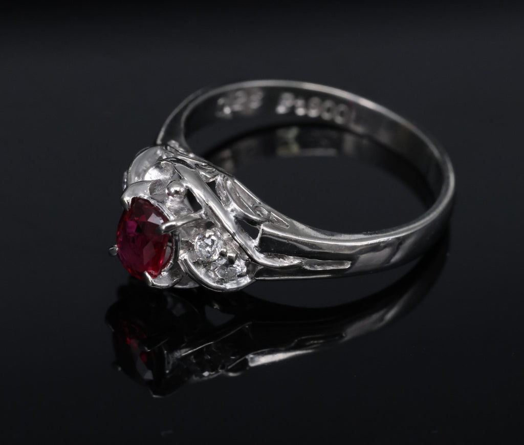 Fine 0.28ct Intense Red Ruby & 0.06ct Diamond Handmade Platinum Ring Size 3.25