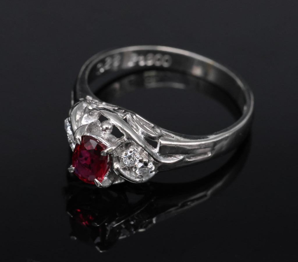 Fine 0.28ct Intense Red Ruby & 0.06ct Diamond Handmade Platinum Ring Size 3.25