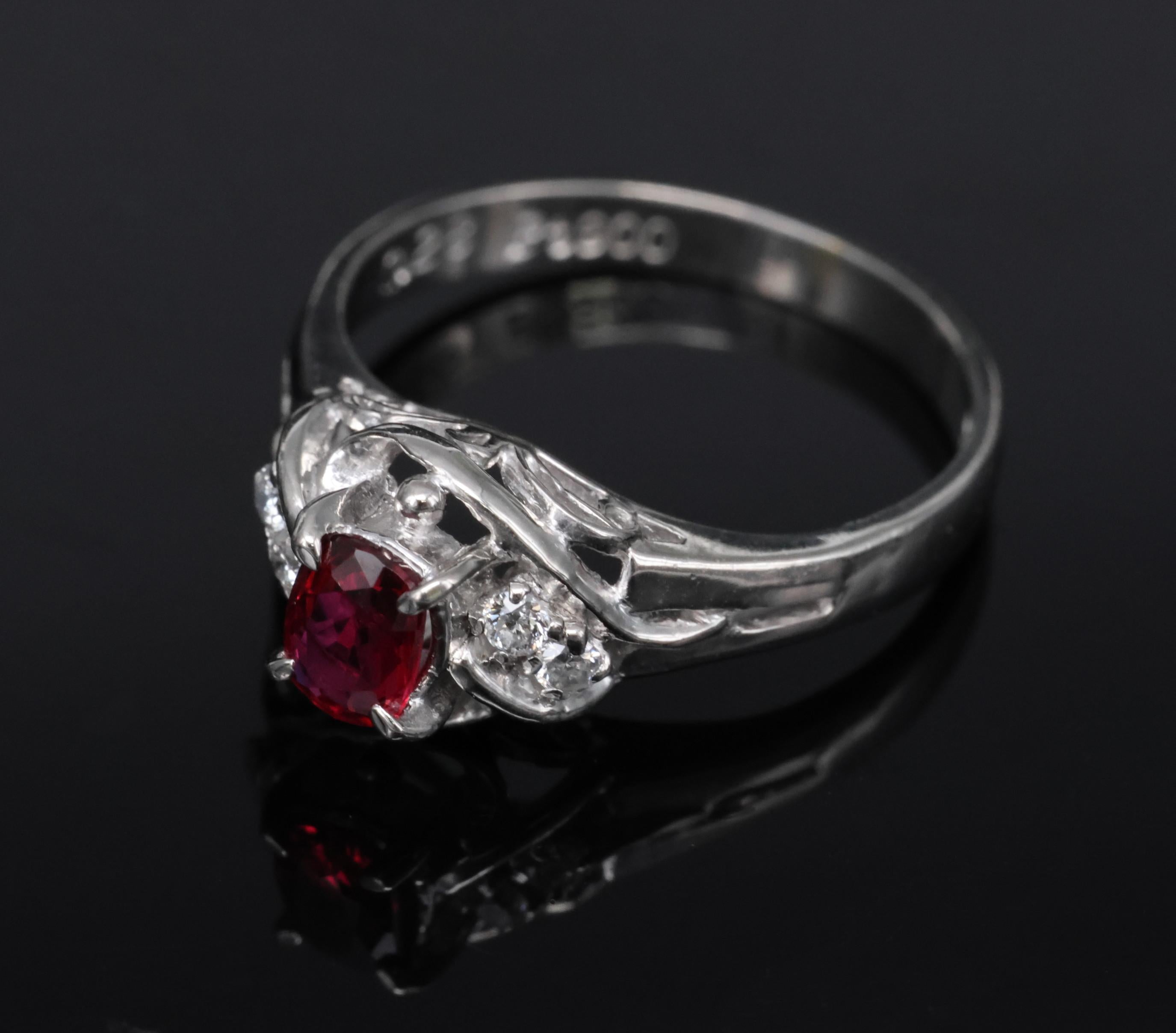Fine 0.28ct Intense Red Ruby & 0.06ct Diamond Handmade Platinum Ring Size 3.25