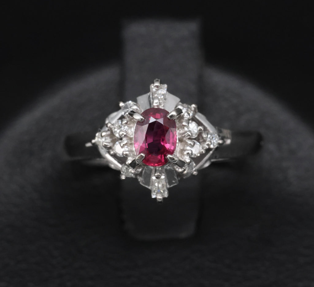 Vintage 0.29ct Natural Intense Red Ruby & 0.14ct Diamond Platinum Ring Size 4.5