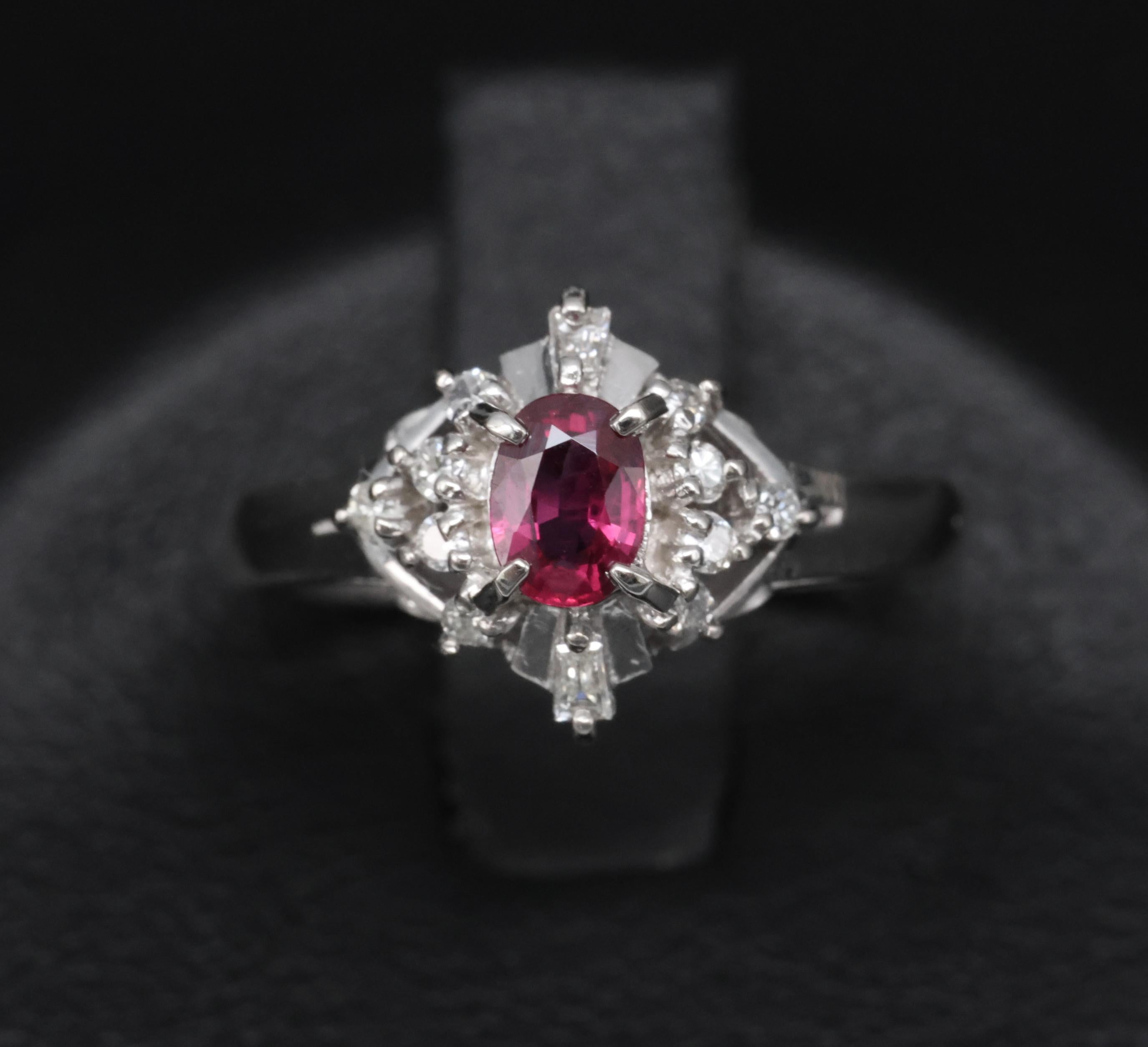 Vintage 0.29ct Natural Intense Red Ruby & 0.14ct Diamond Platinum Ring Size 4.5